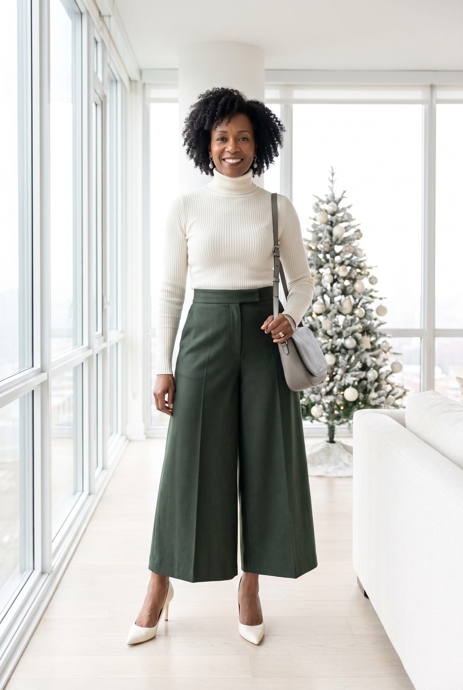 Kelp-Green Wool Culottes With an Ivory Fitted Knit