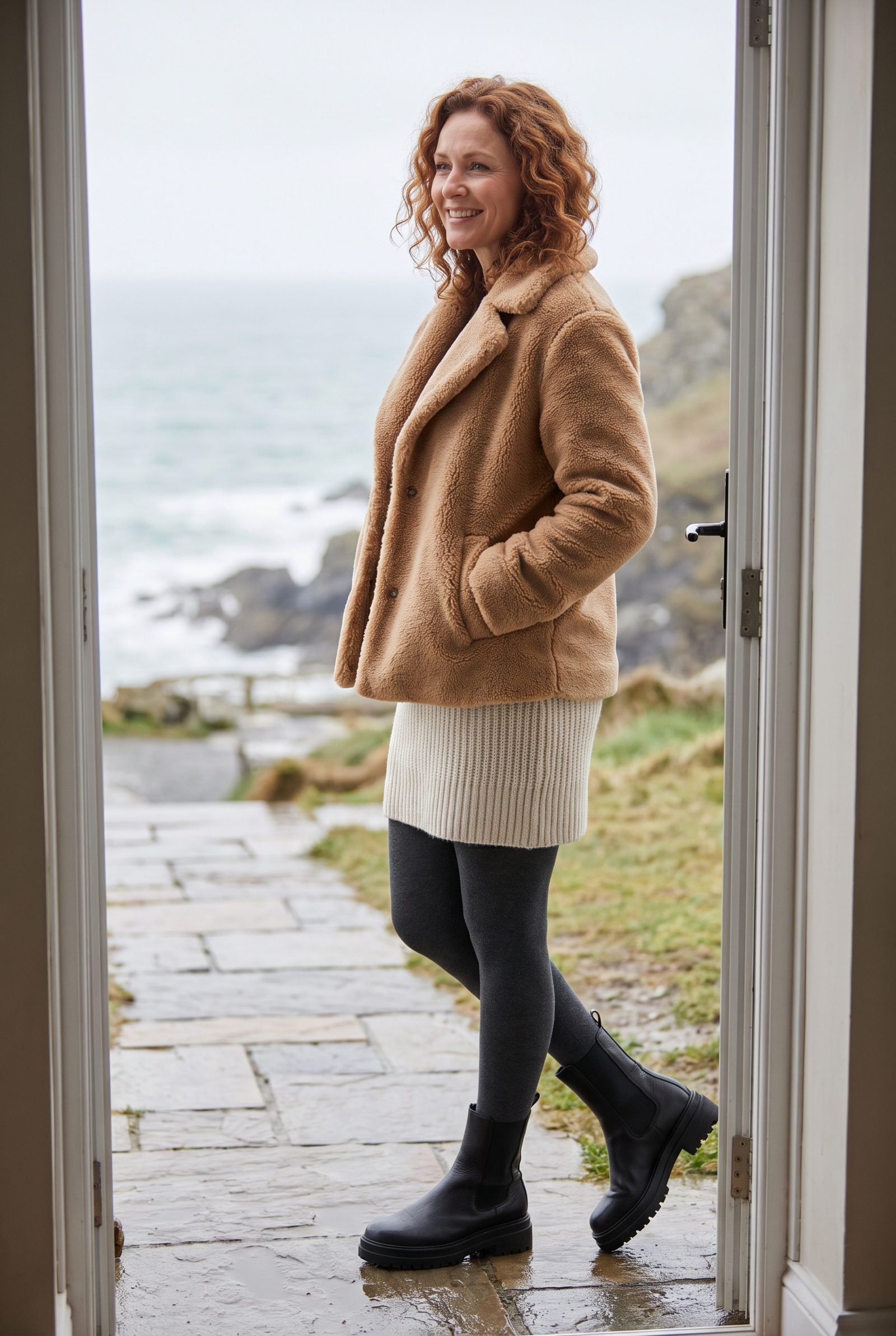 Knit Mini Skirt With Fleece-Lined Tights and Platform Boots