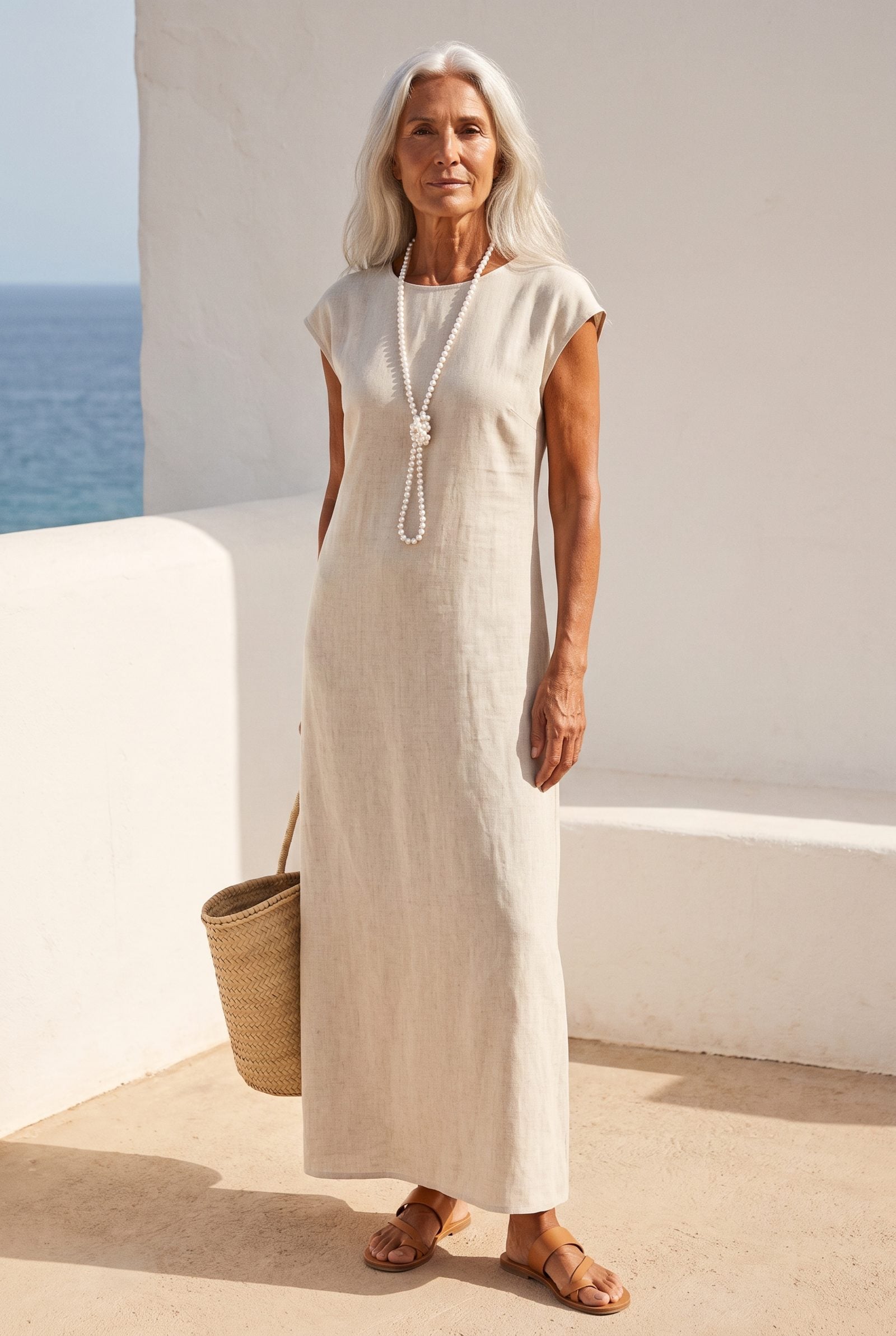 A Knotted Opera-Length Strand Over a Linen Column Dress