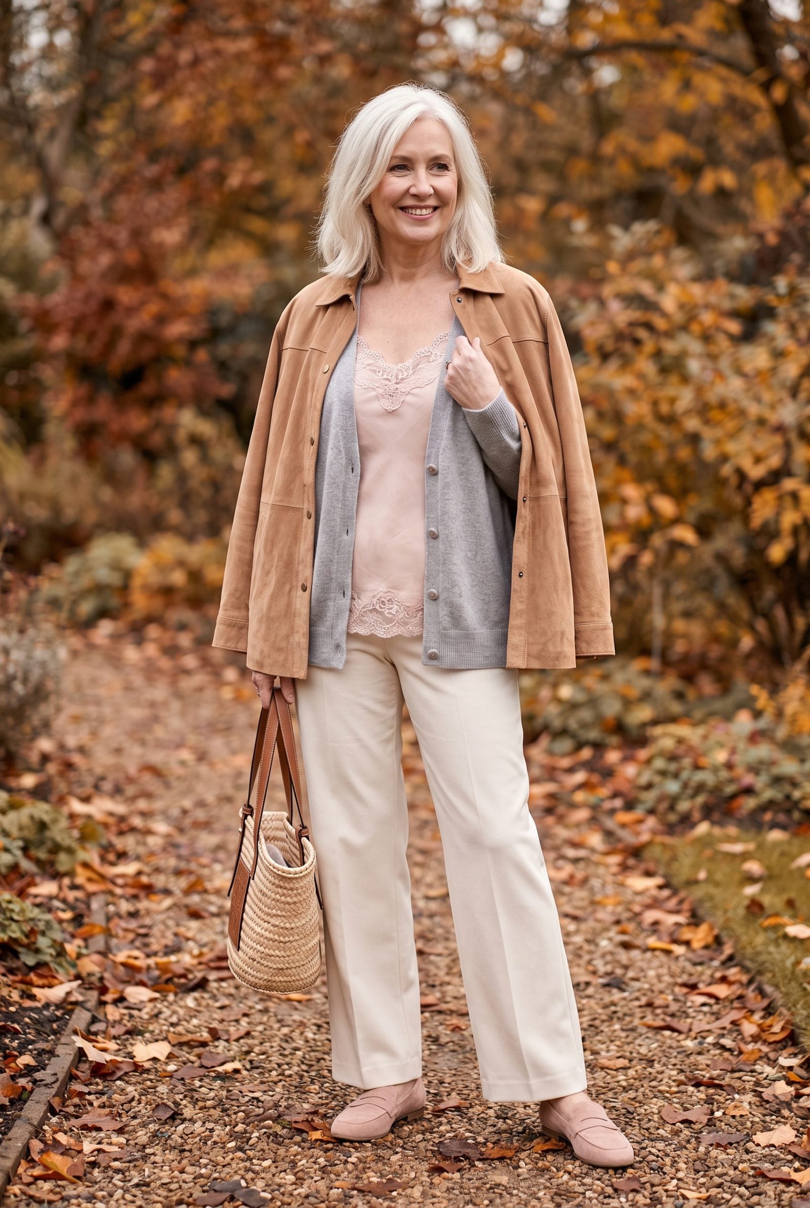 Lace-Trim Camisole + Cashmere Cardigan + Suede Shacket