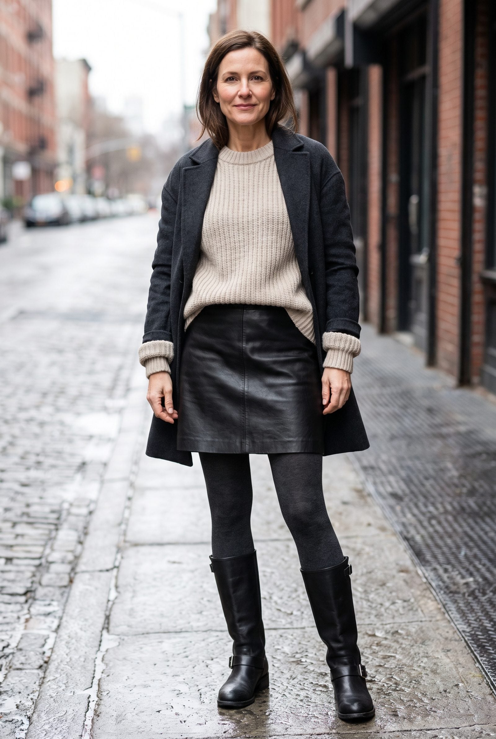 Leather A-Line Mini Skirt With Tights and Moto Boots
