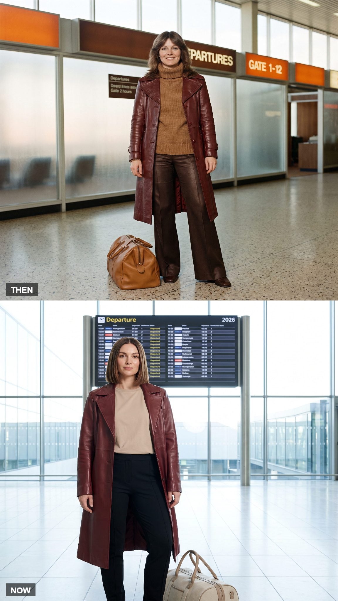 Vintage oxblood leather coat with flared trousers compared with modern leather coat and slim trousers