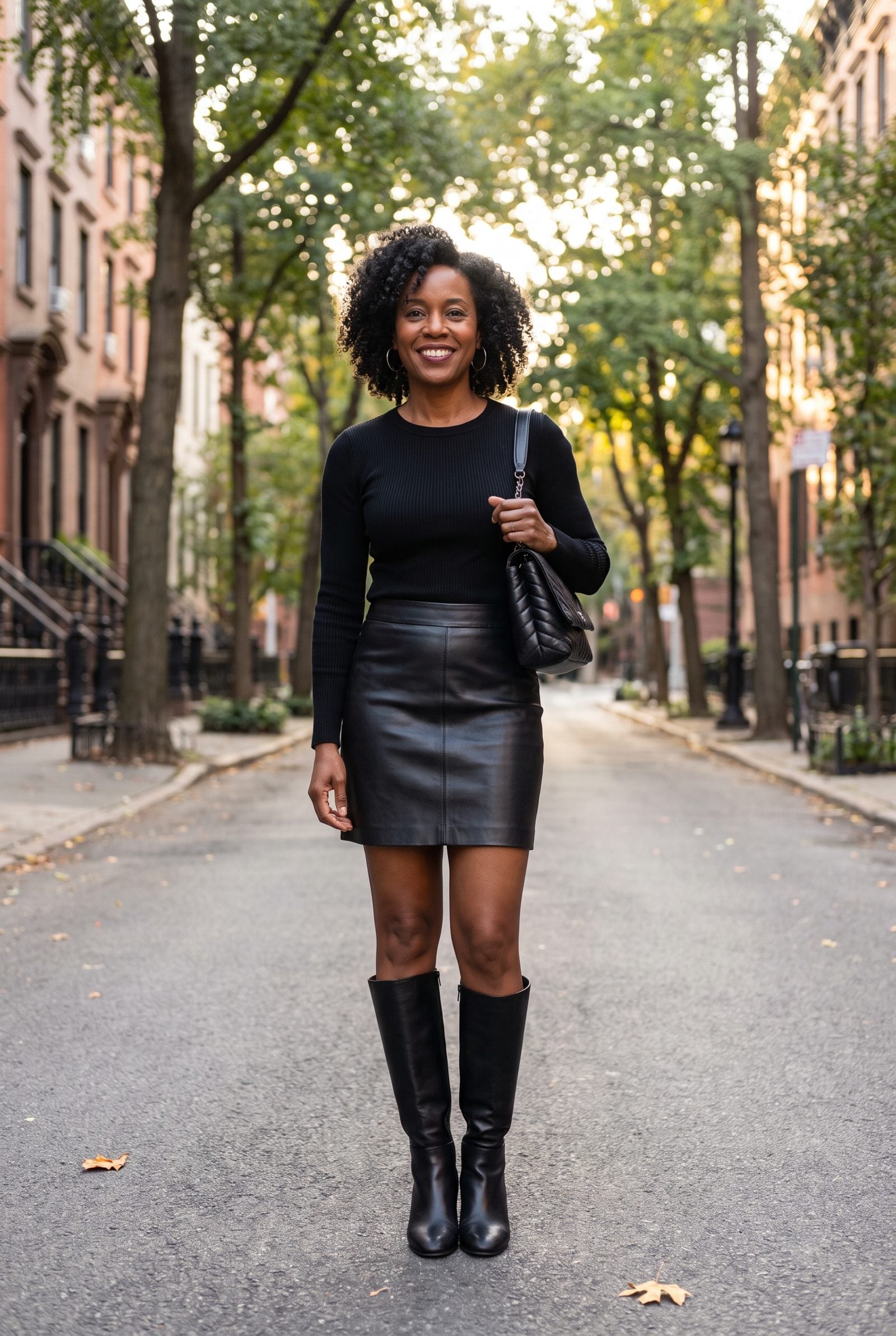 Woman in a black leather mini and matching smooth black leather knee boots with no break between them.