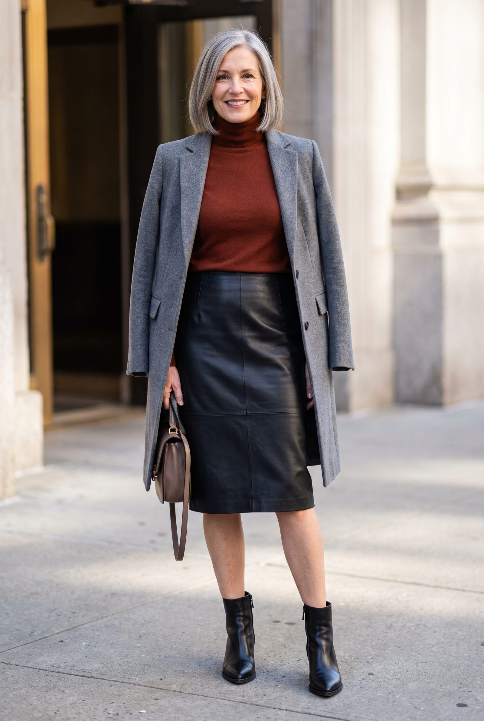 Leather Pencil Skirt With Pointed-Toe Ankle Boots