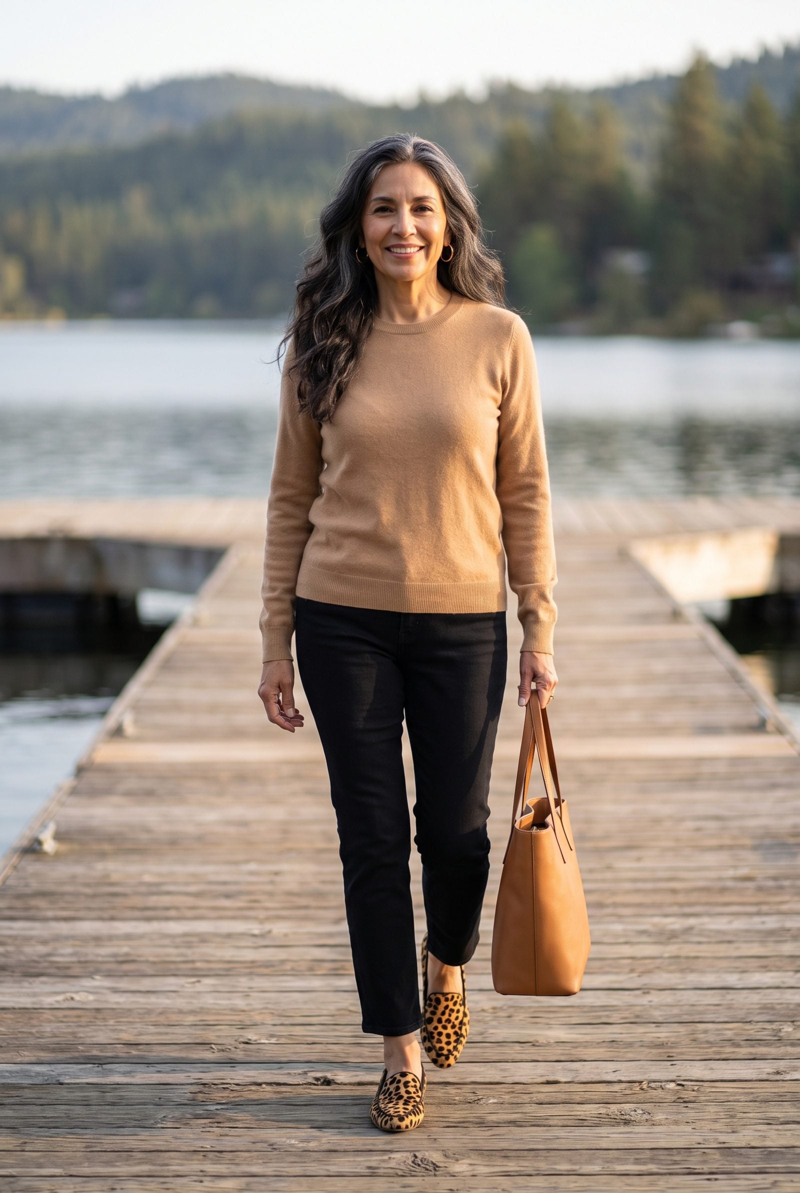 Leopard Calf-Hair Loafers Do the Talking Against a Camel Crewneck and Black Ankle Jeans