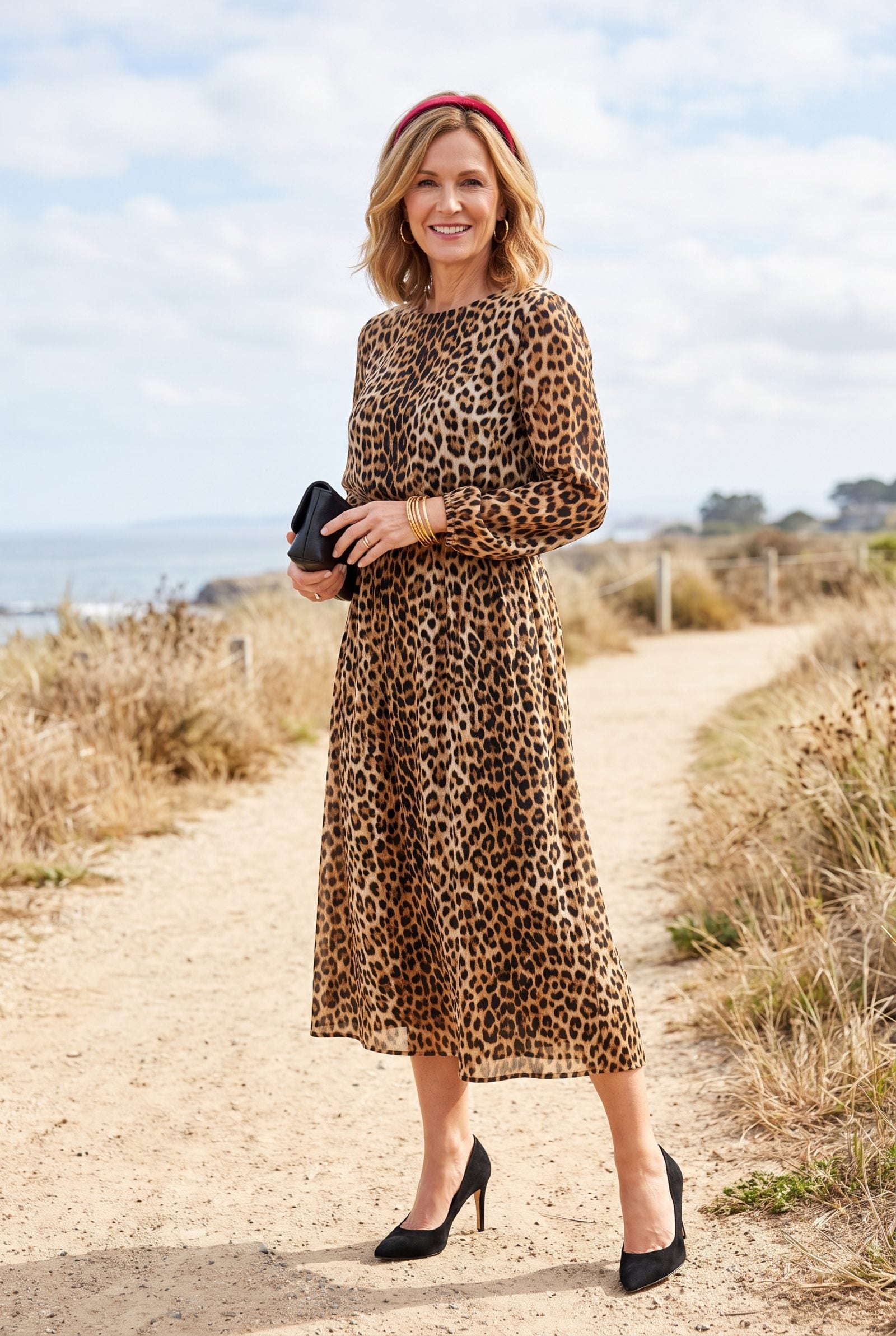 Leopard-Print Dress with a Slim Red Headband