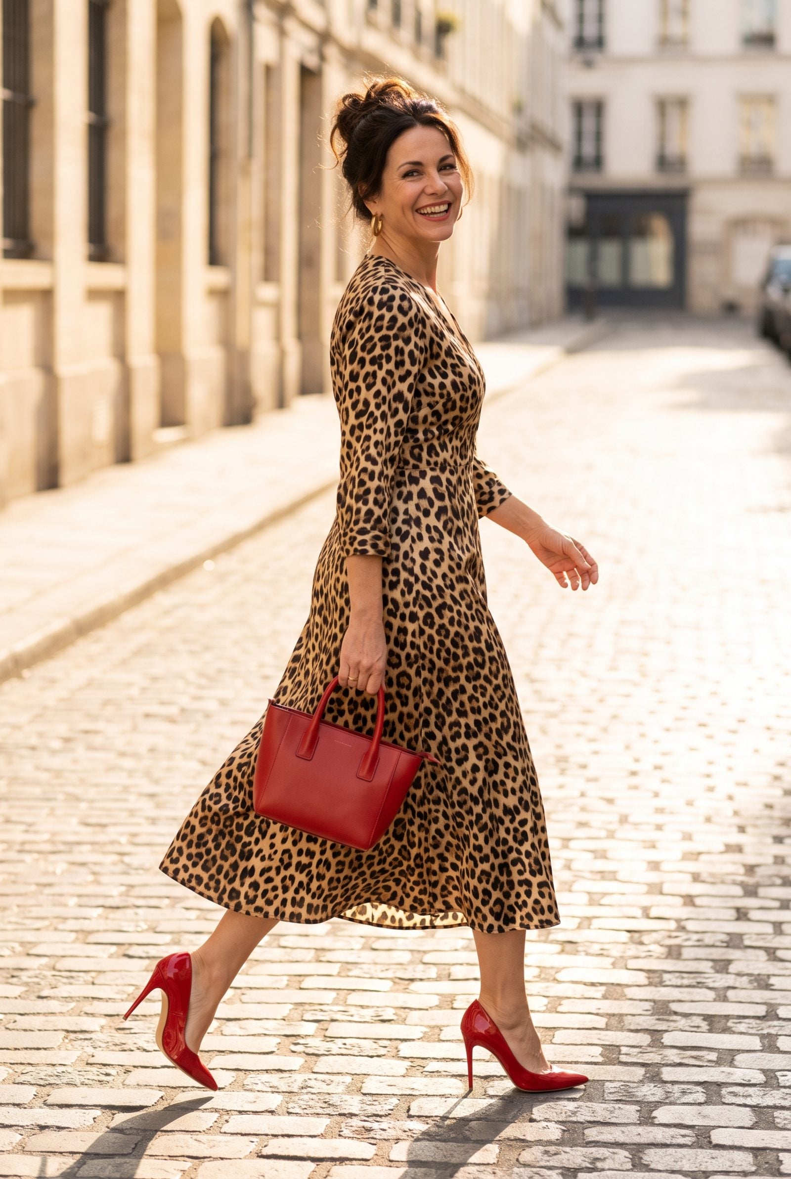 Leopard-Print Midi Dress with Red Heels