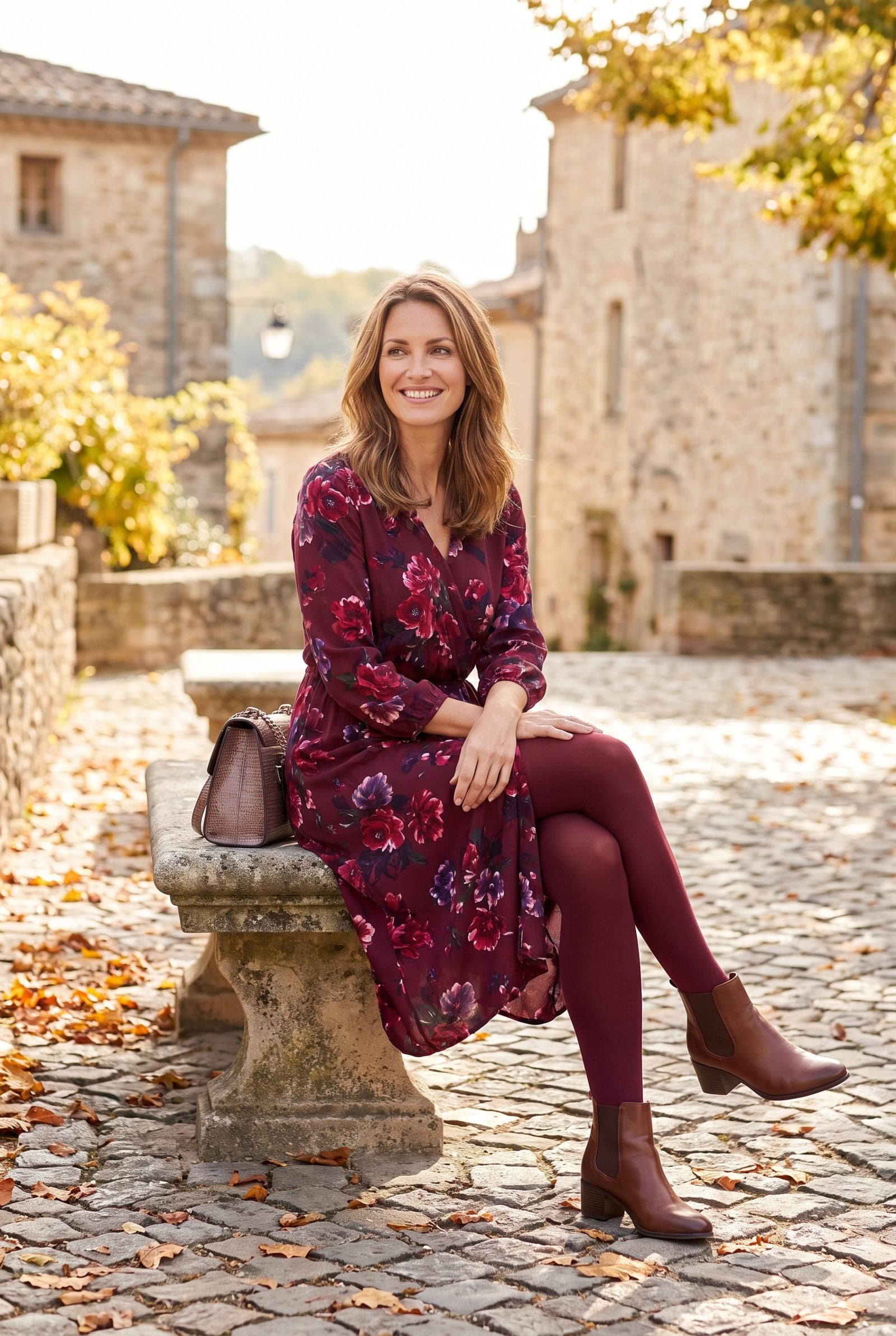 Letting Burgundy Tights Echo a Wine Floral Print