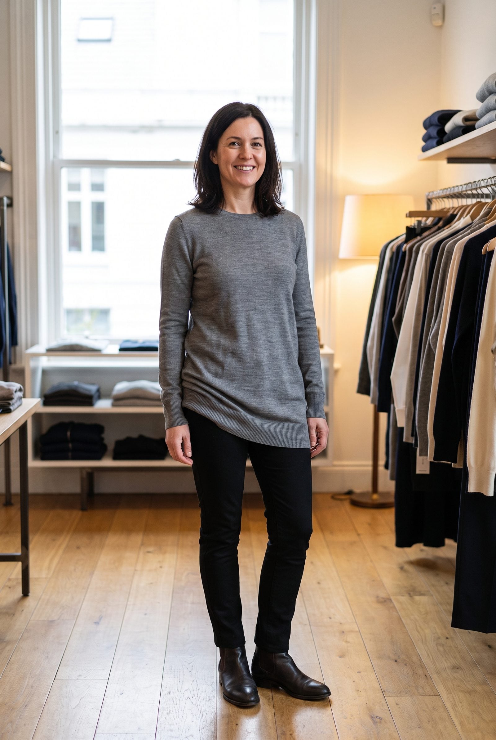 Woman in a grey merino sweater with a stretched, flared hem over slim black trousers.