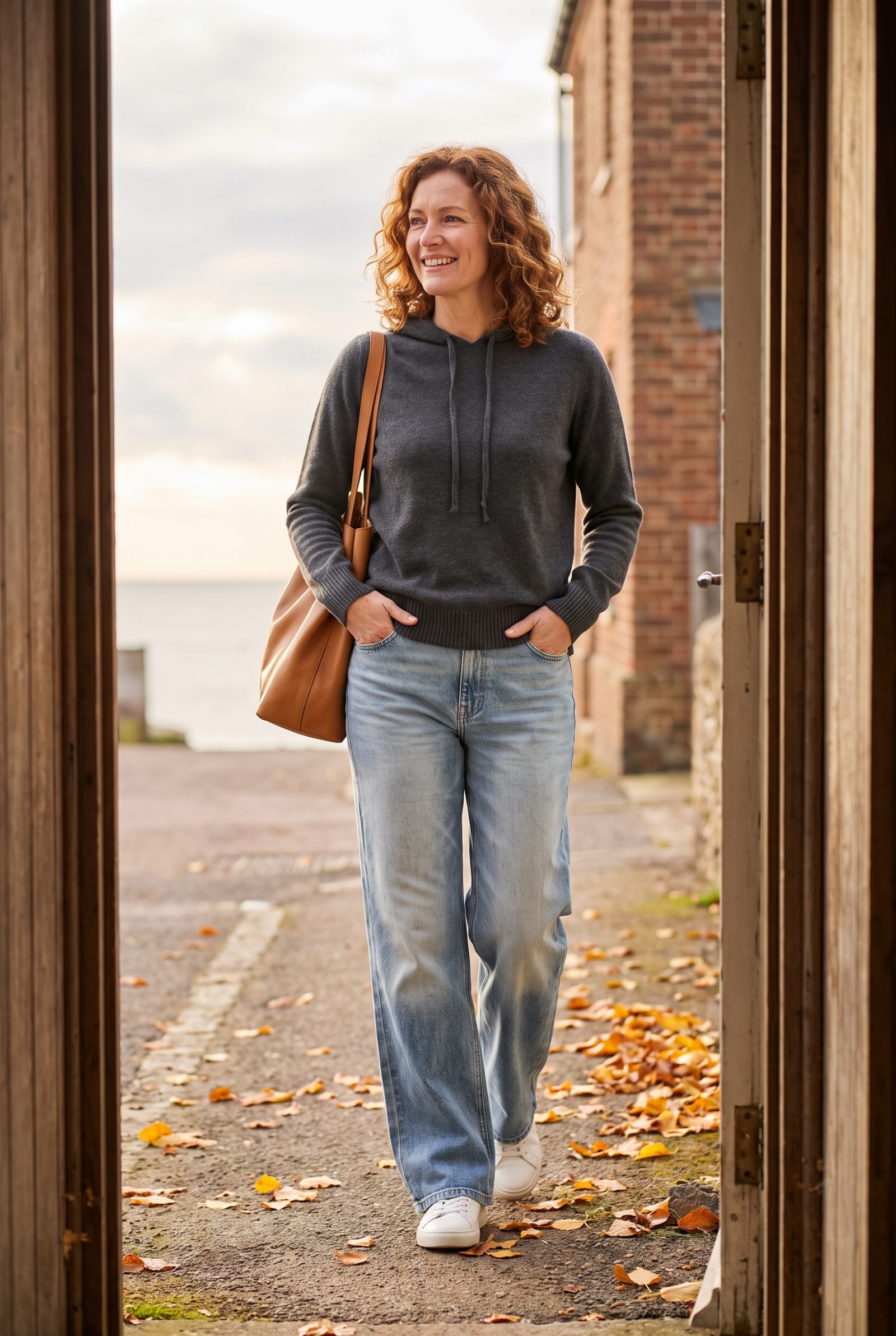 Light-Wash Wide-Leg Jeans + Charcoal Cashmere Hoodie