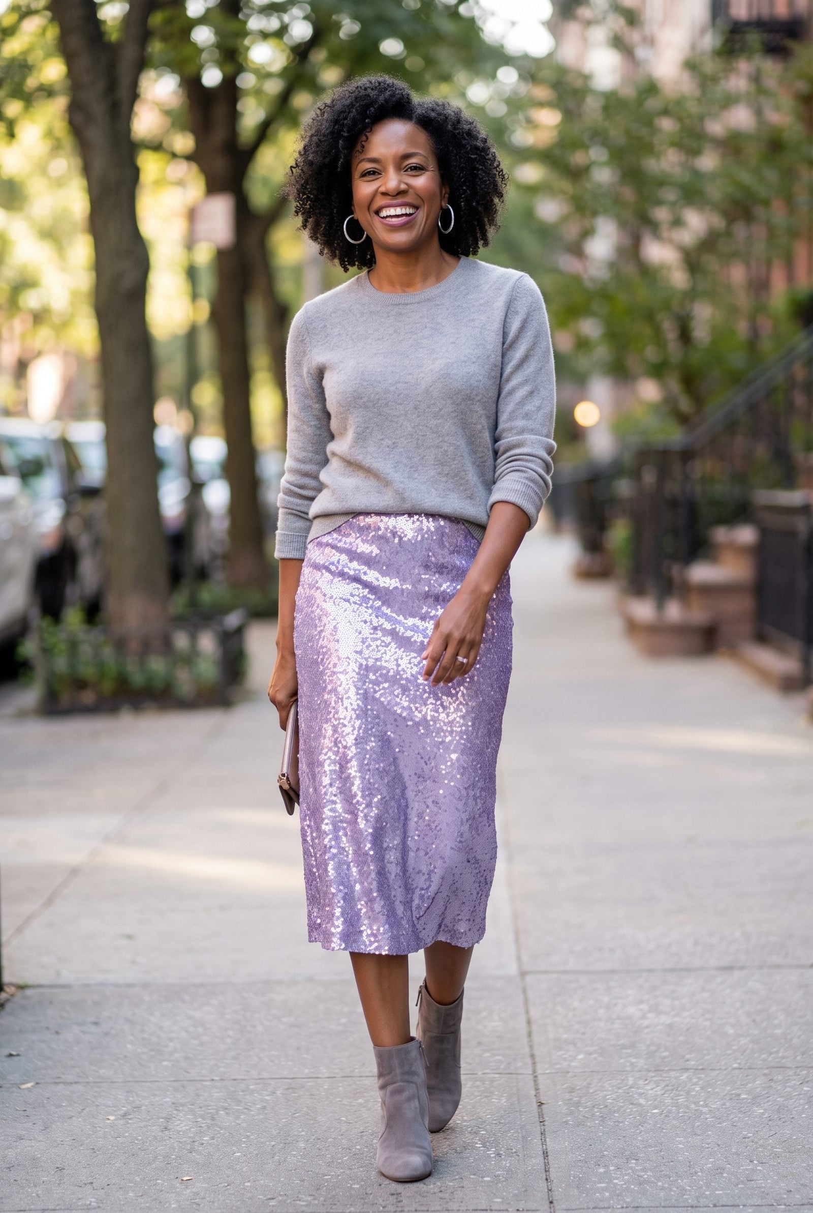 Lilac Sequin Skirt and Gray Cashmere With Silver Hoops