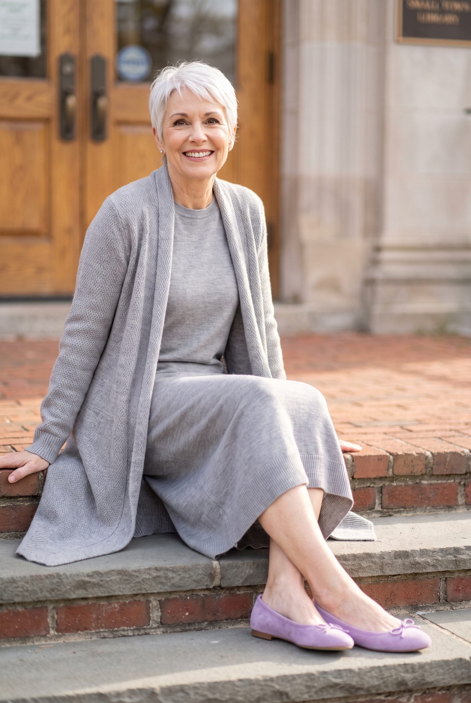 Lilac Suede Flats Soften a Dove-Gray Knit Dress and Long Cardigan