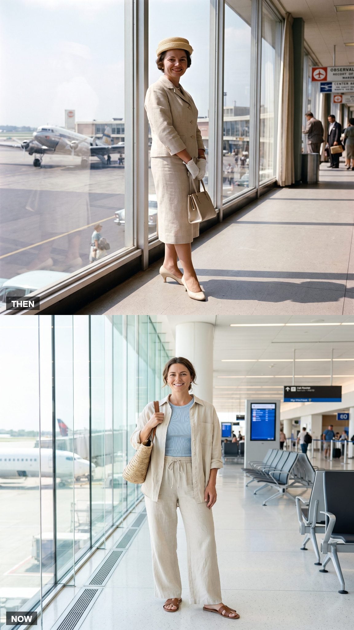 Vintage tailored linen skirt suit compared with relaxed modern linen shirt and trousers