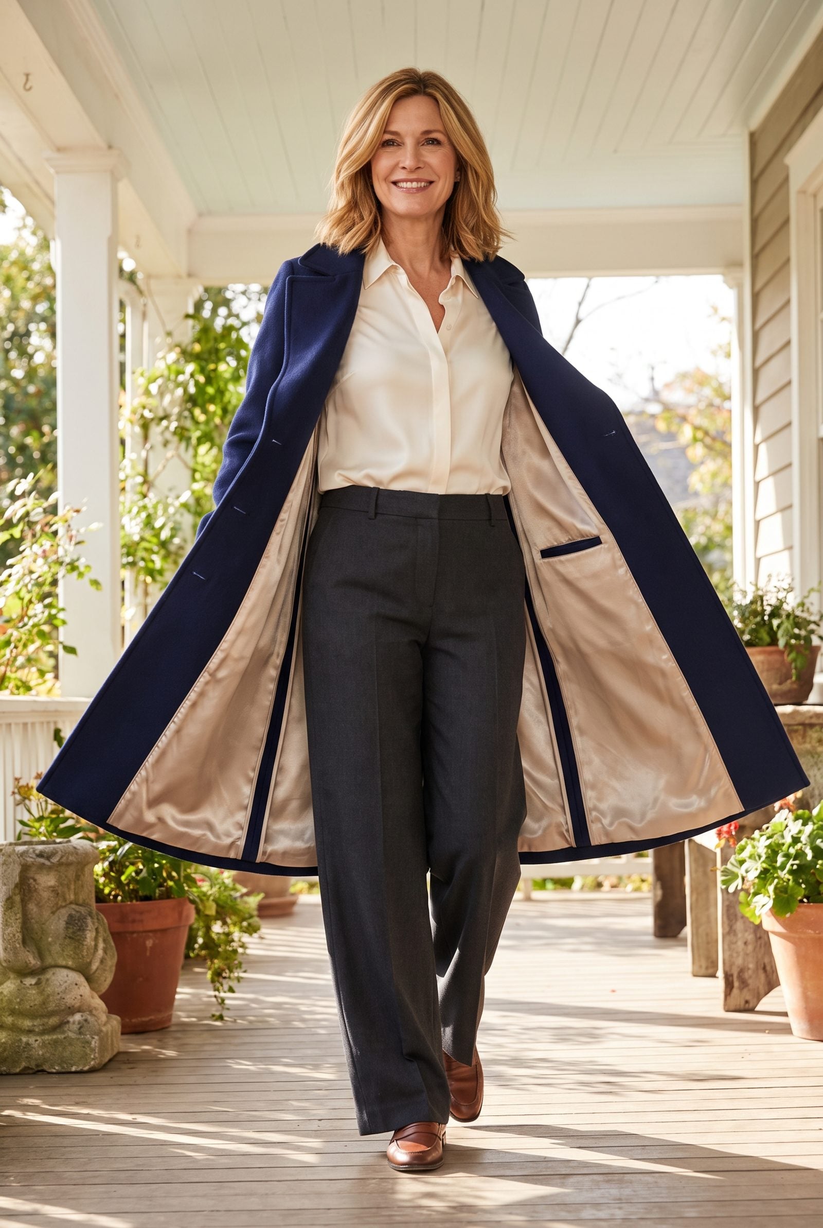 Navy wool coat laid open on a bed showing a champagne silk lining with vertical seams and one interior pocket.