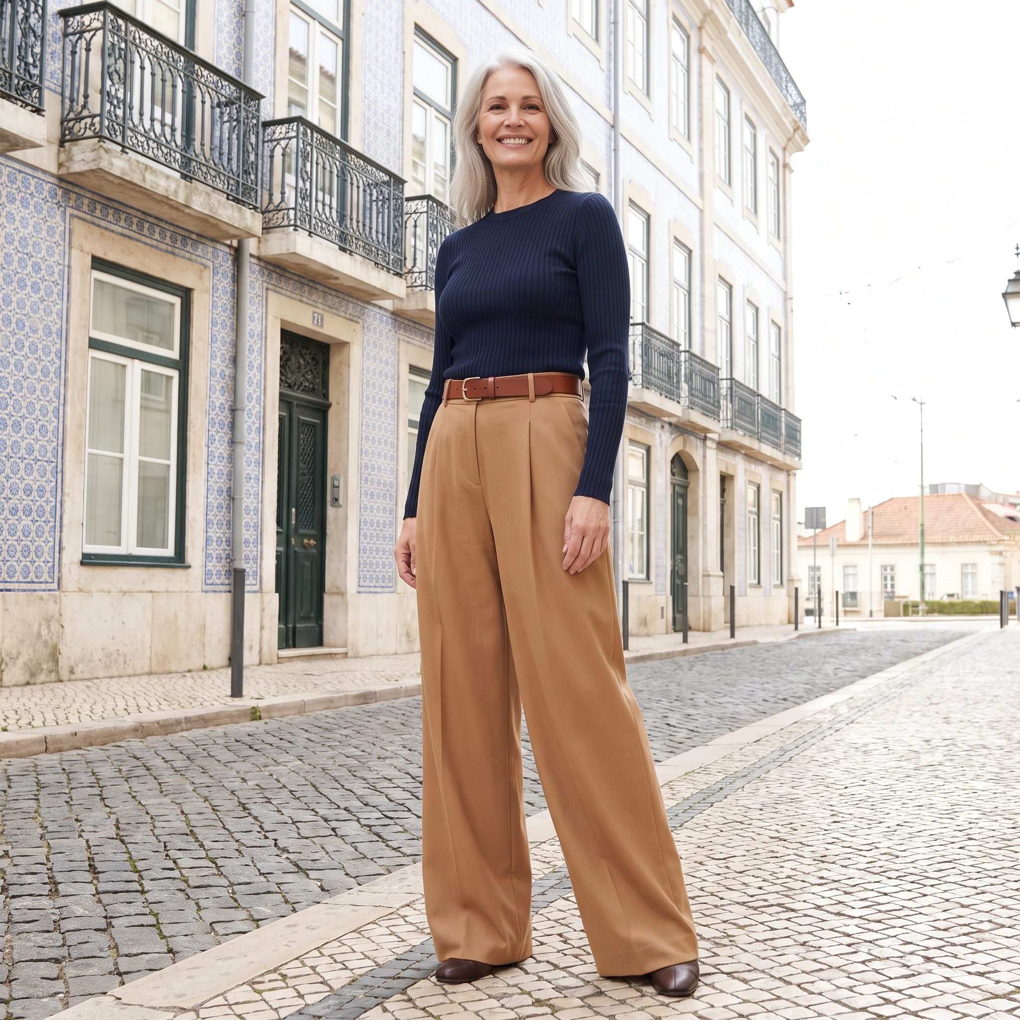 Lisbon, Navy Knitwear With Camel Wide Legs
