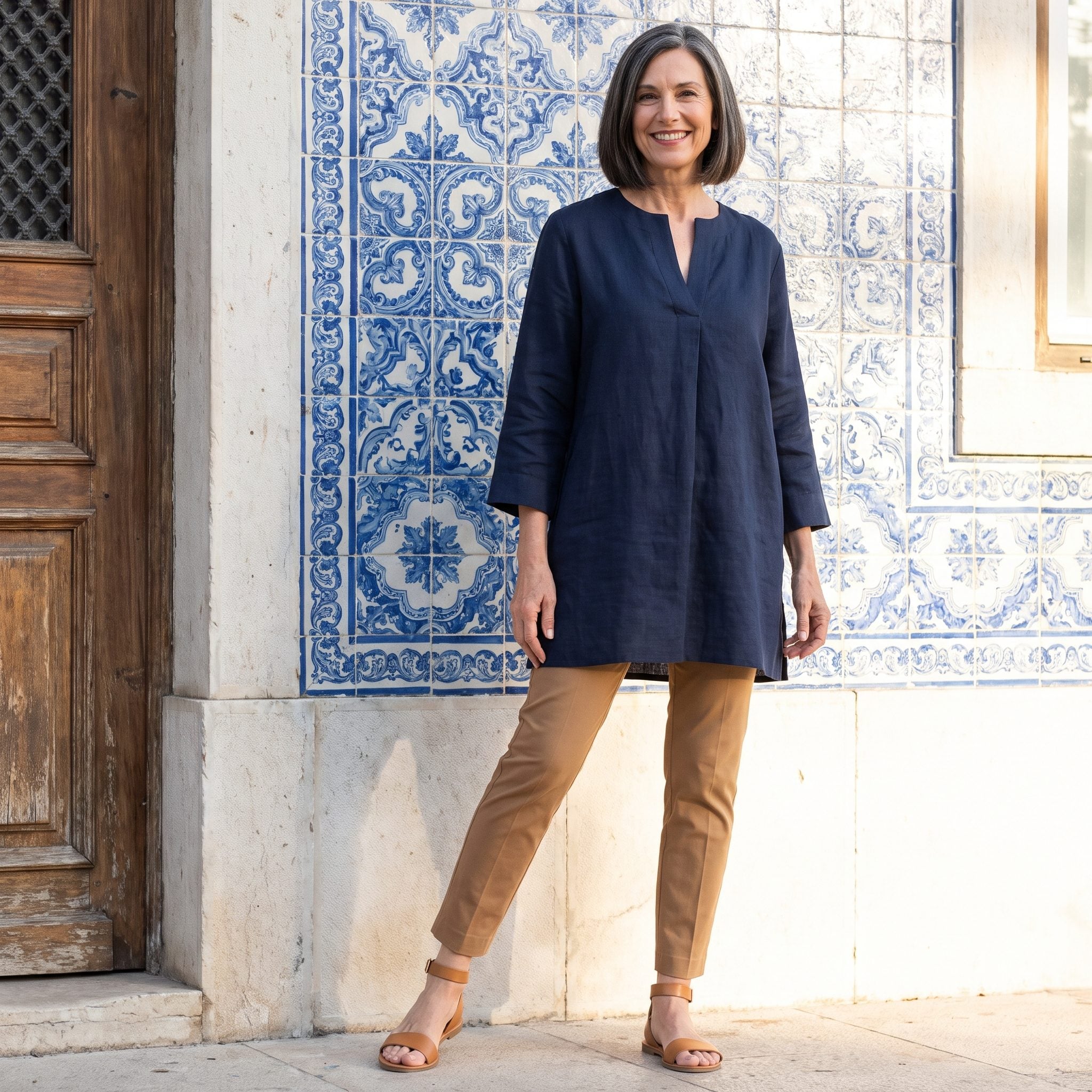 Lisbon, A Navy Tunic With Slim Camel Trousers