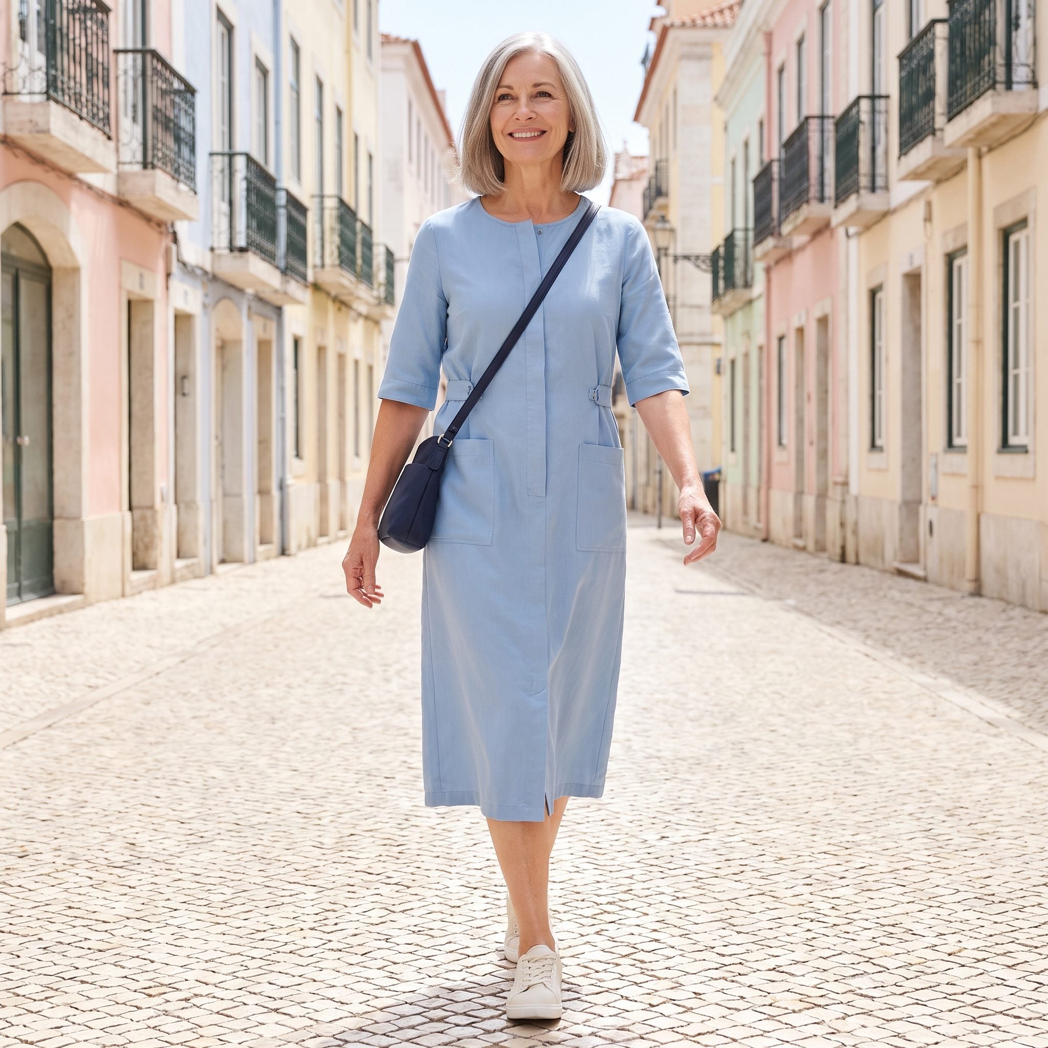 Lisbon, A Soft-Blue Utility Dress With Refined Details