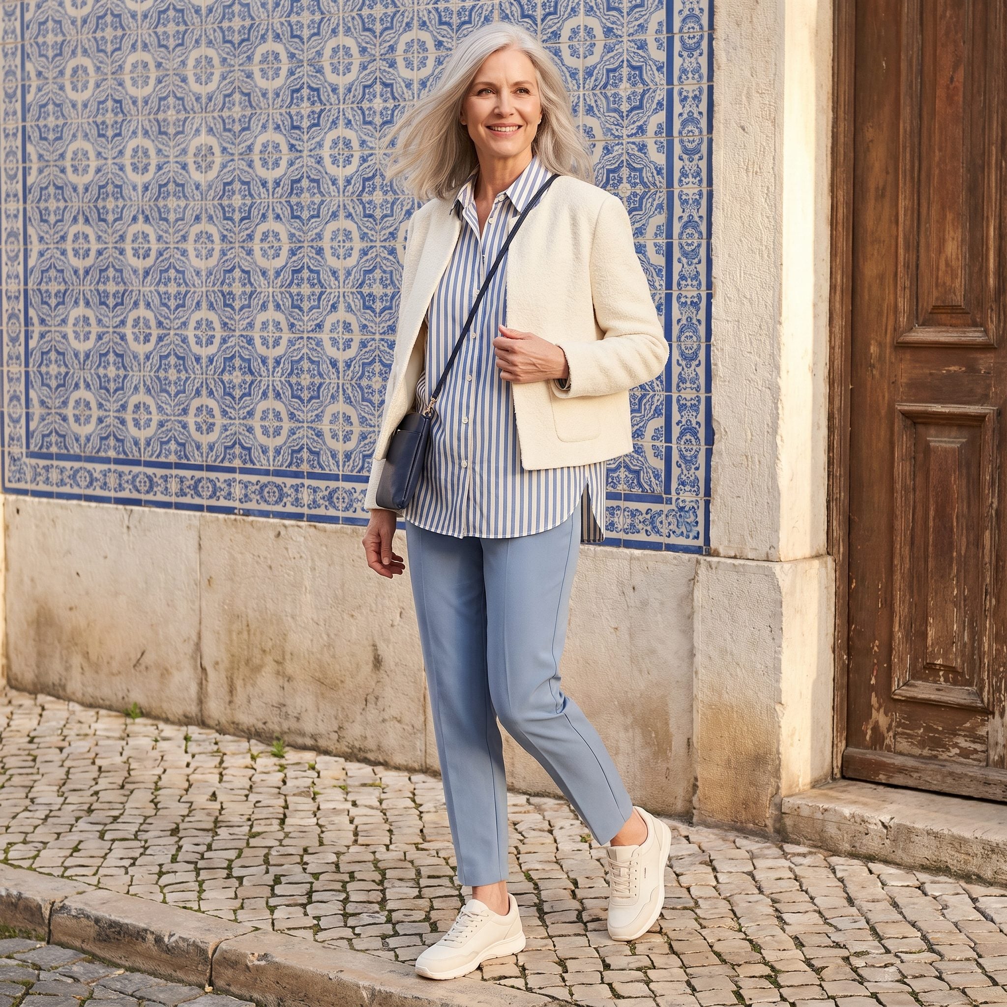 Lisbon, A Striped Shirt With Soft-Blue Trousers and an Ivory Jacket