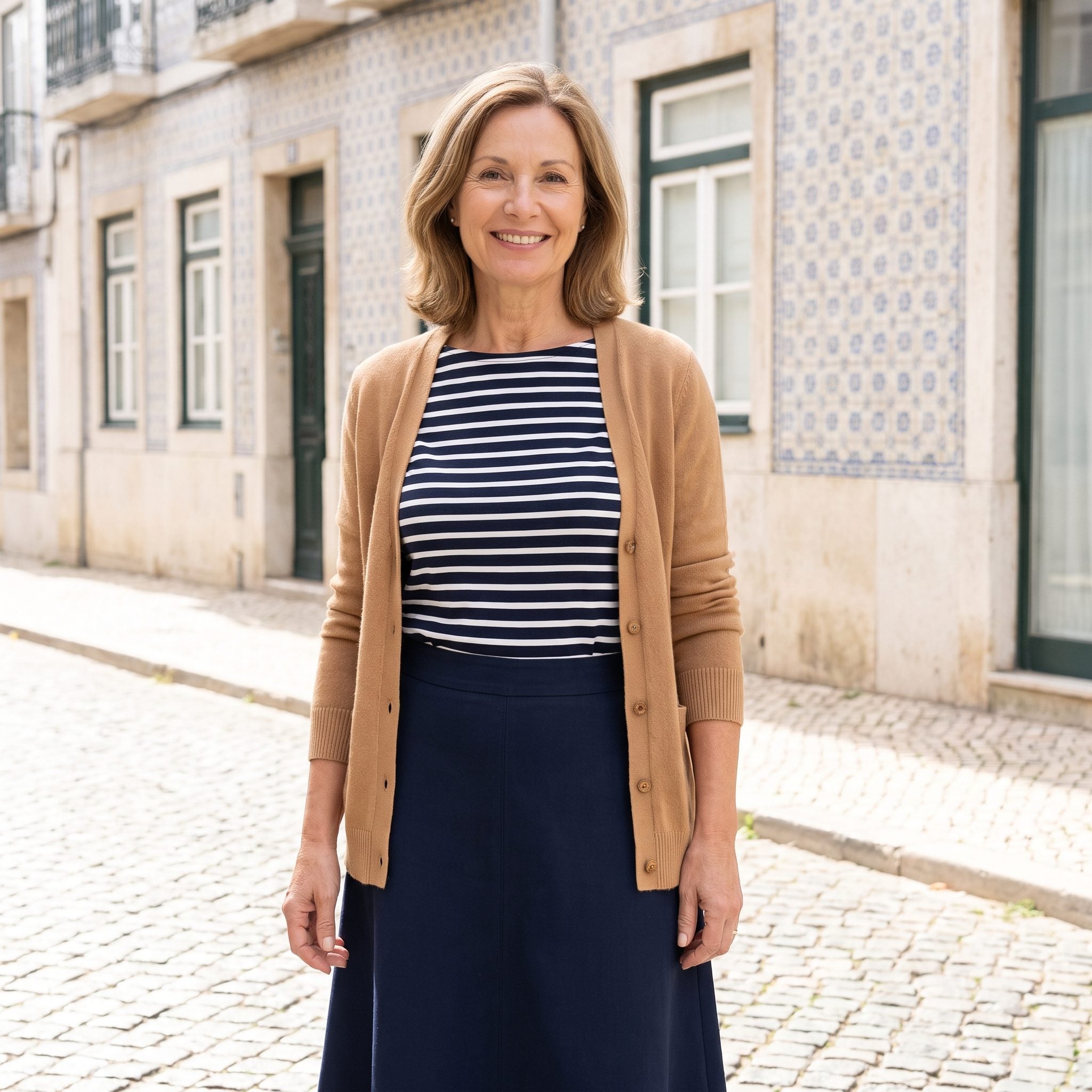 Lisbon, Stripes With a Navy A-Line Skirt