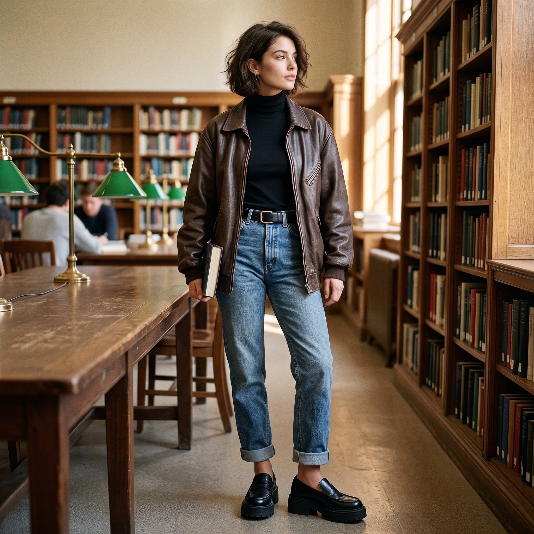 Woman wearing cuffed jeans and chunky black penny loafers in a library