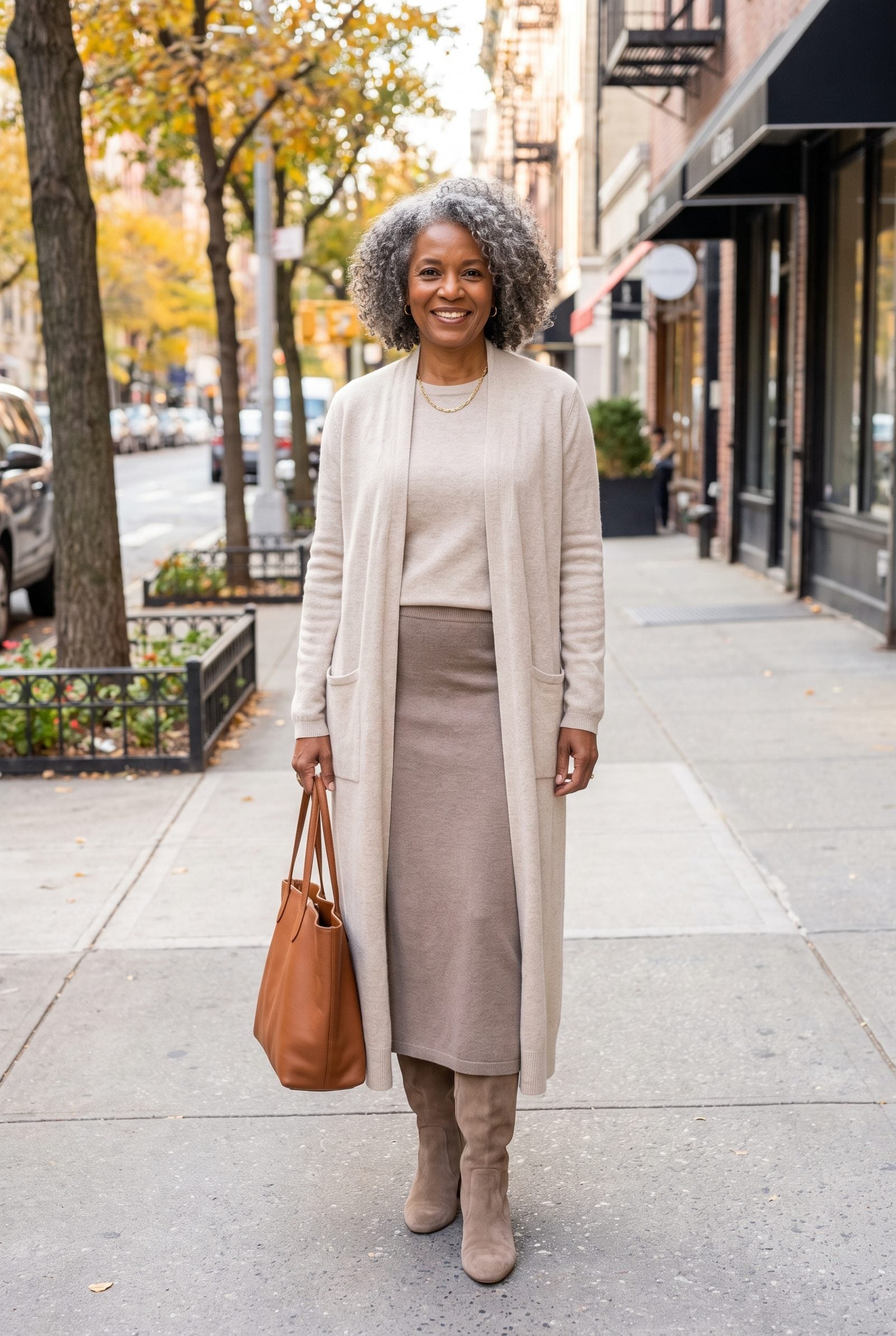 Woman in a long oatmeal cardigan and matching long knit skirt with knee-high boots hidden beneath, forming one unbroken