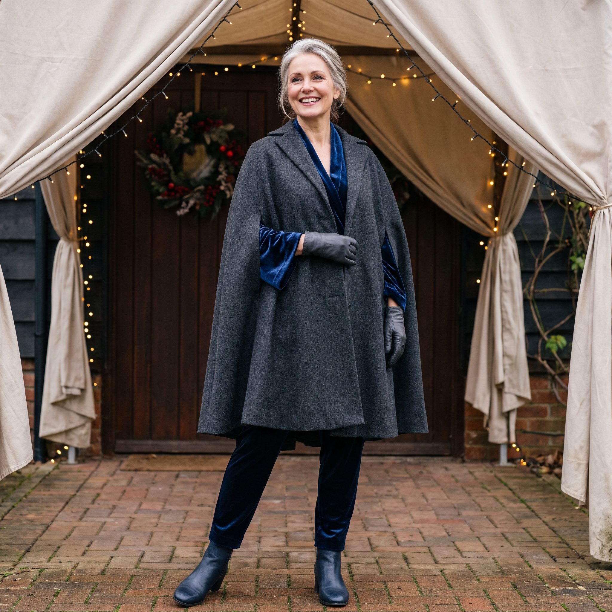 Long charcoal wool cape worn over a midnight-blue velvet top with wide kimono sleeves