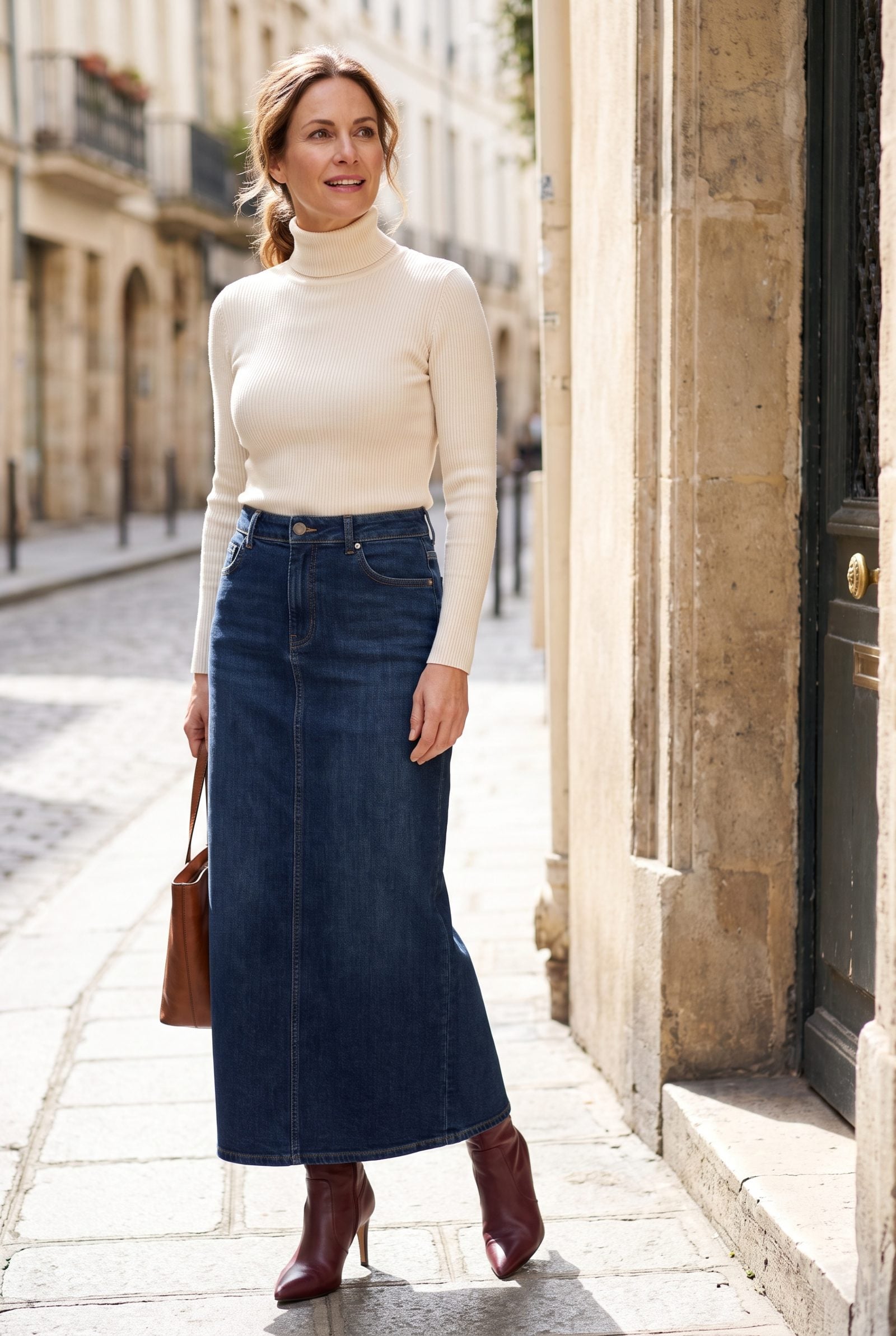 Long Denim Skirt With a Fitted Knit and Pointed Boots