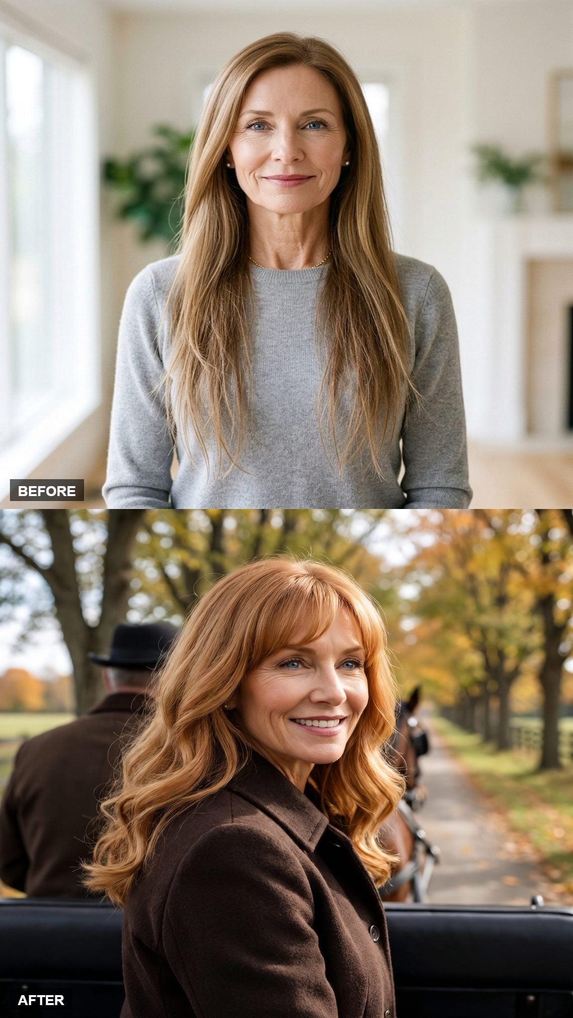 Before-and-after copper-red collarbone hairstyle with bangs and a rounded wavy silhouette