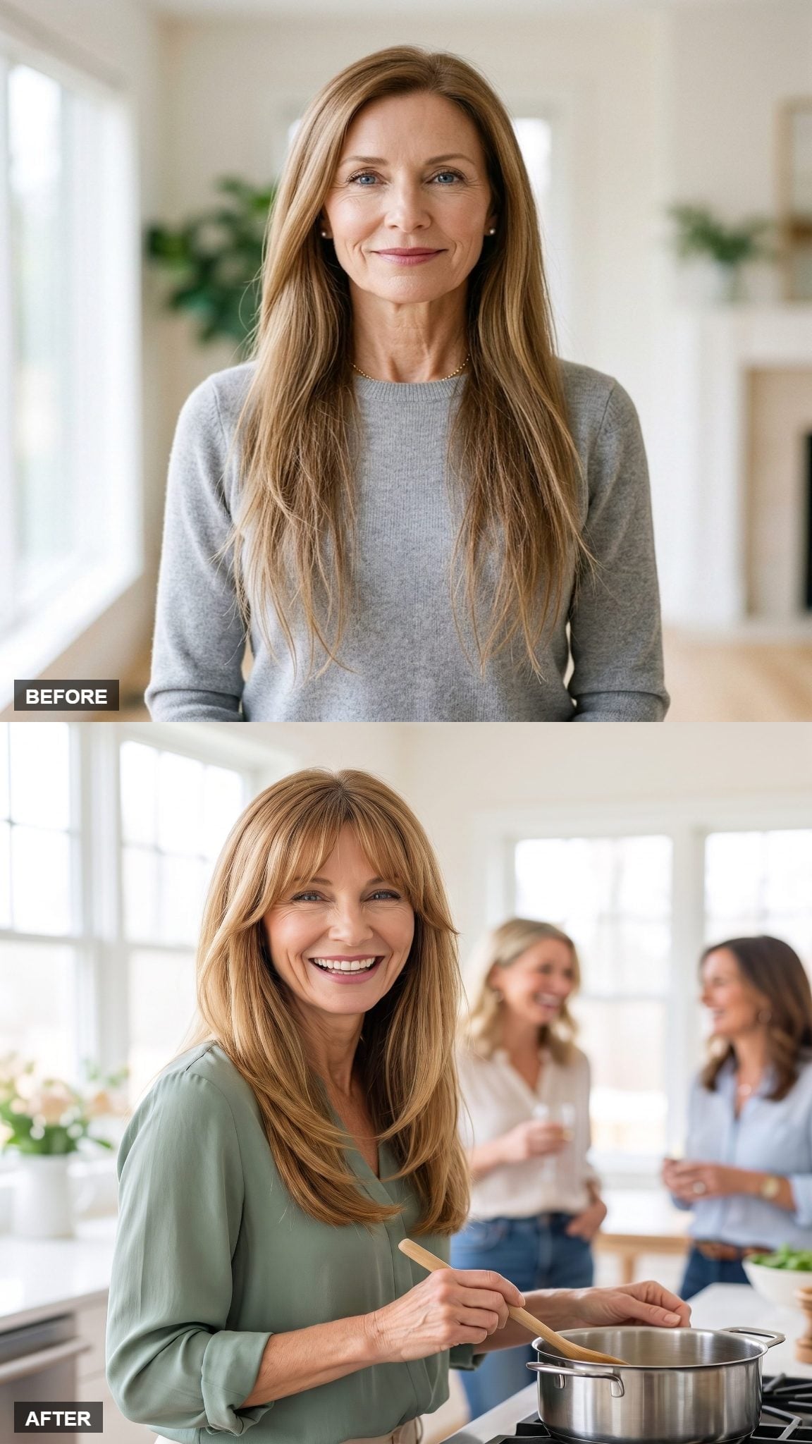 Before-and-after blonde hairstyle featuring curtain bangs and softly layered collarbone-length hair
