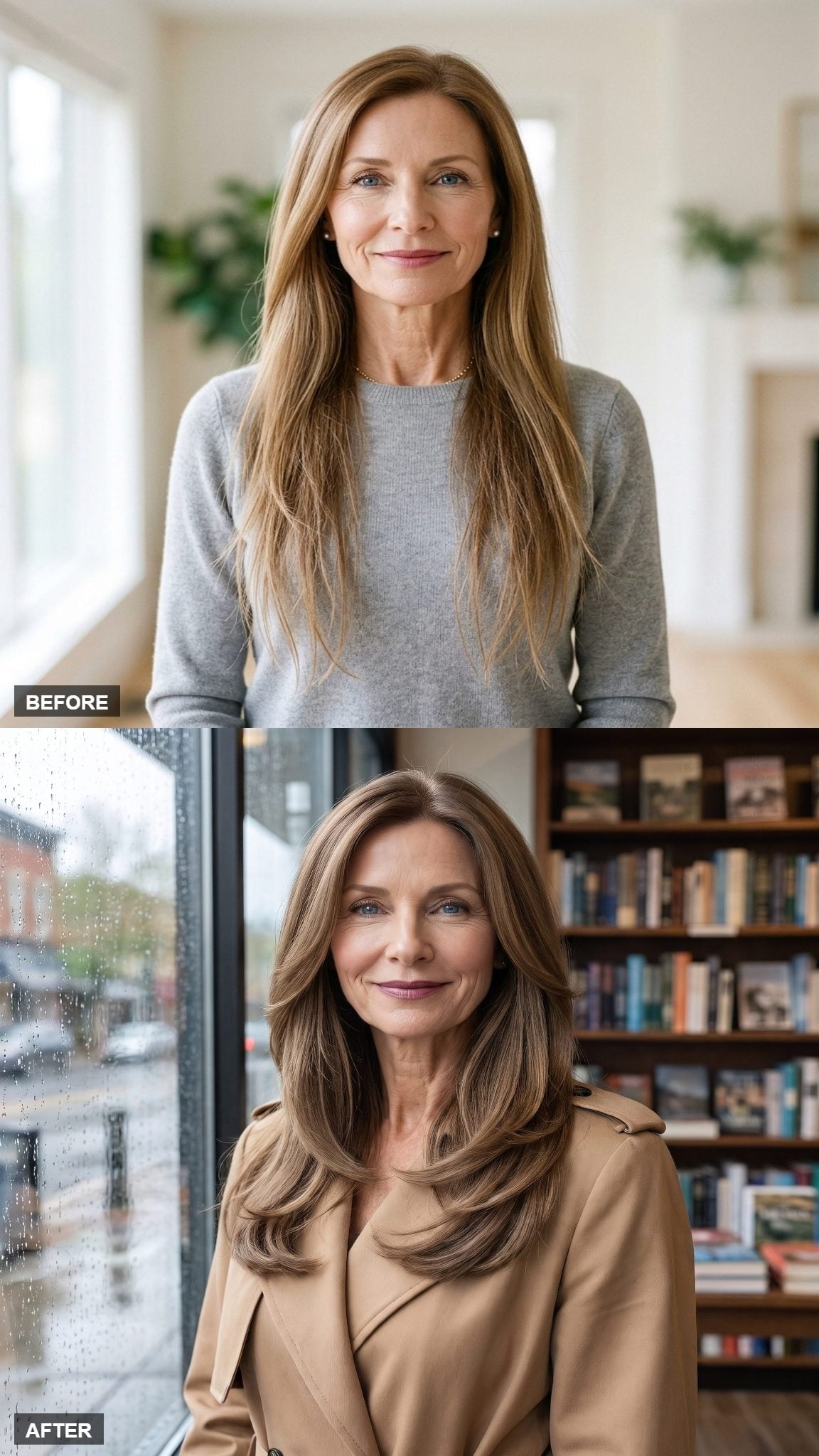 Before-and-after blonde layered blowout with outward-turning ends