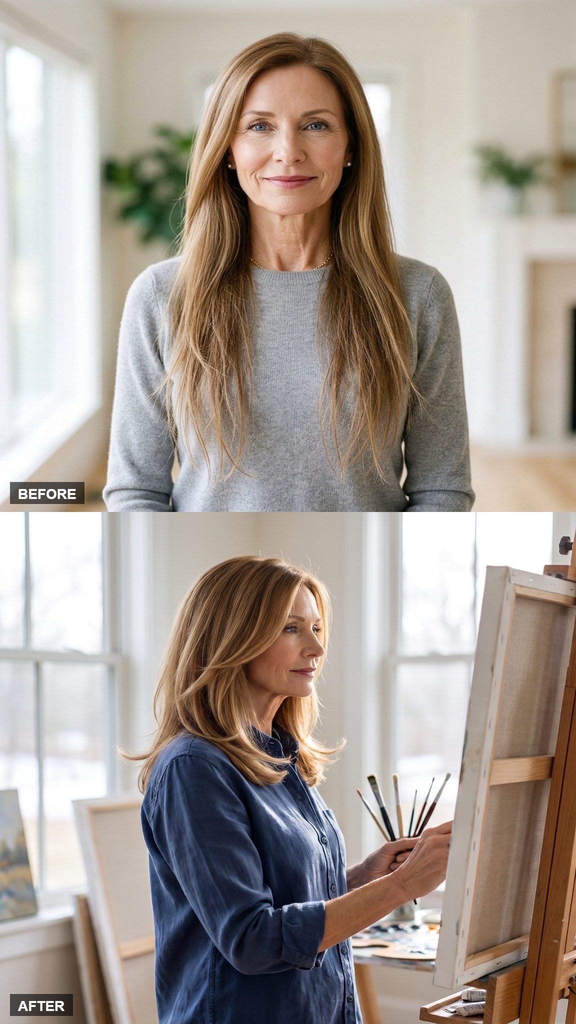 Before-and-after cool blonde layered hairstyle with warm highlights and outward-turning ends
