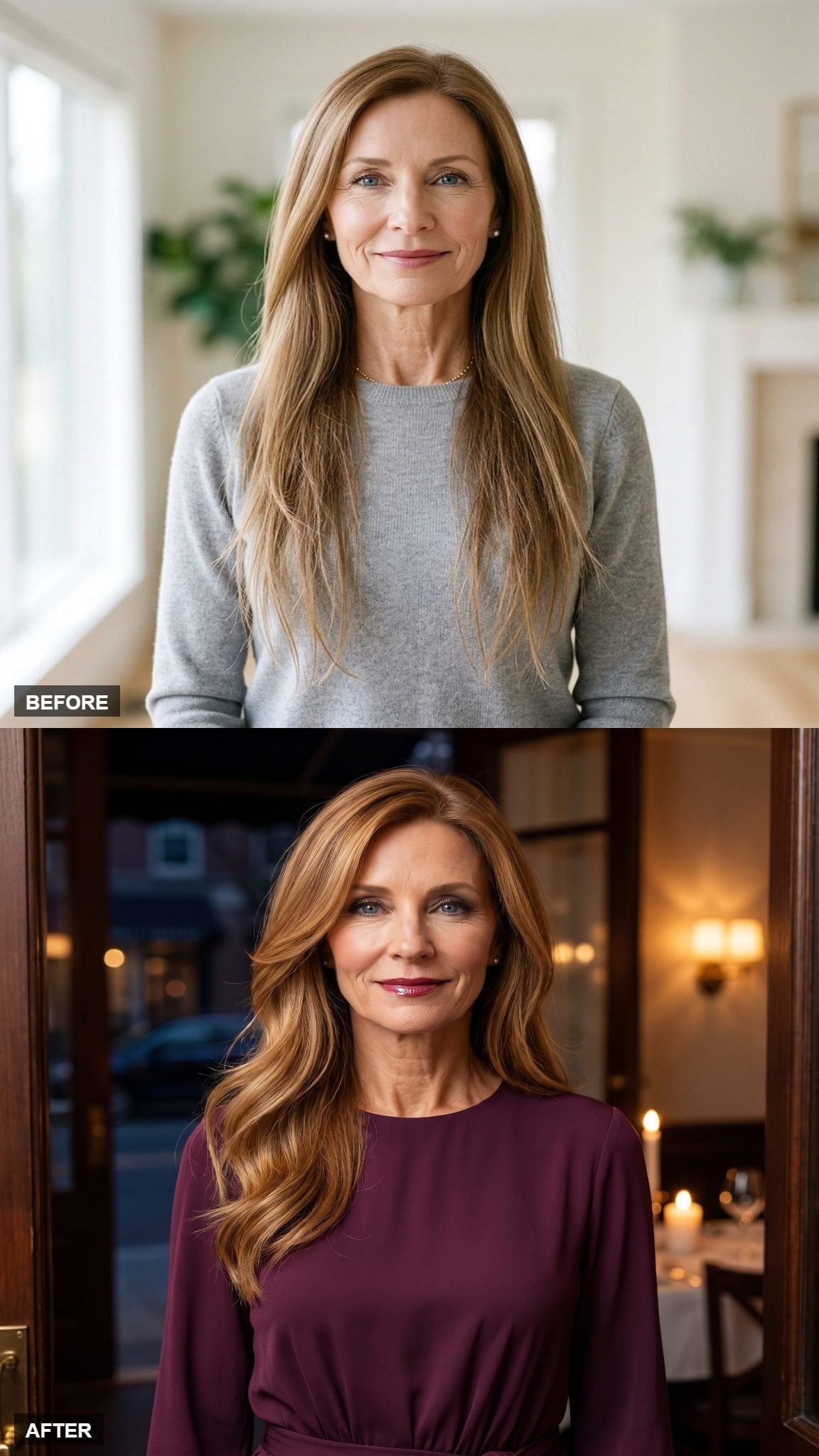 Before-and-after copper-auburn long hairstyle with face-framing layers and loose waves