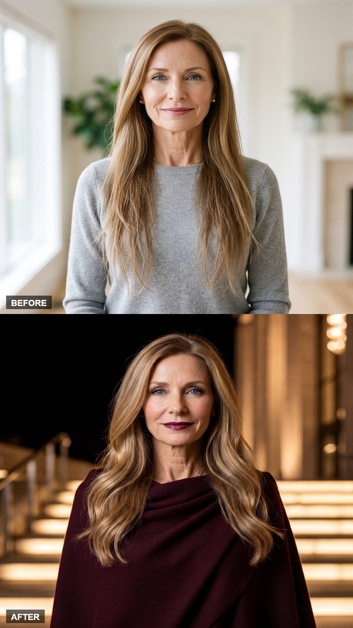Before-and-after copper-toned hairstyle with broad rolling waves and root volume