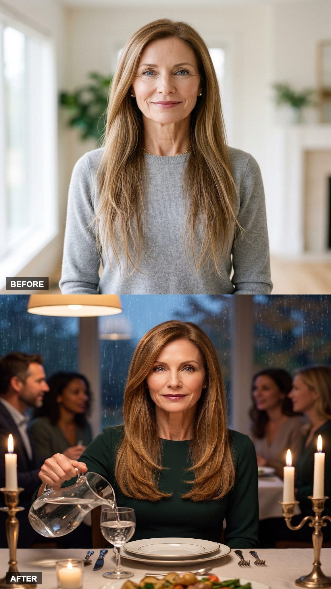 Before-and-after long auburn hairstyle with copper-toned layers and smooth face-framing sections