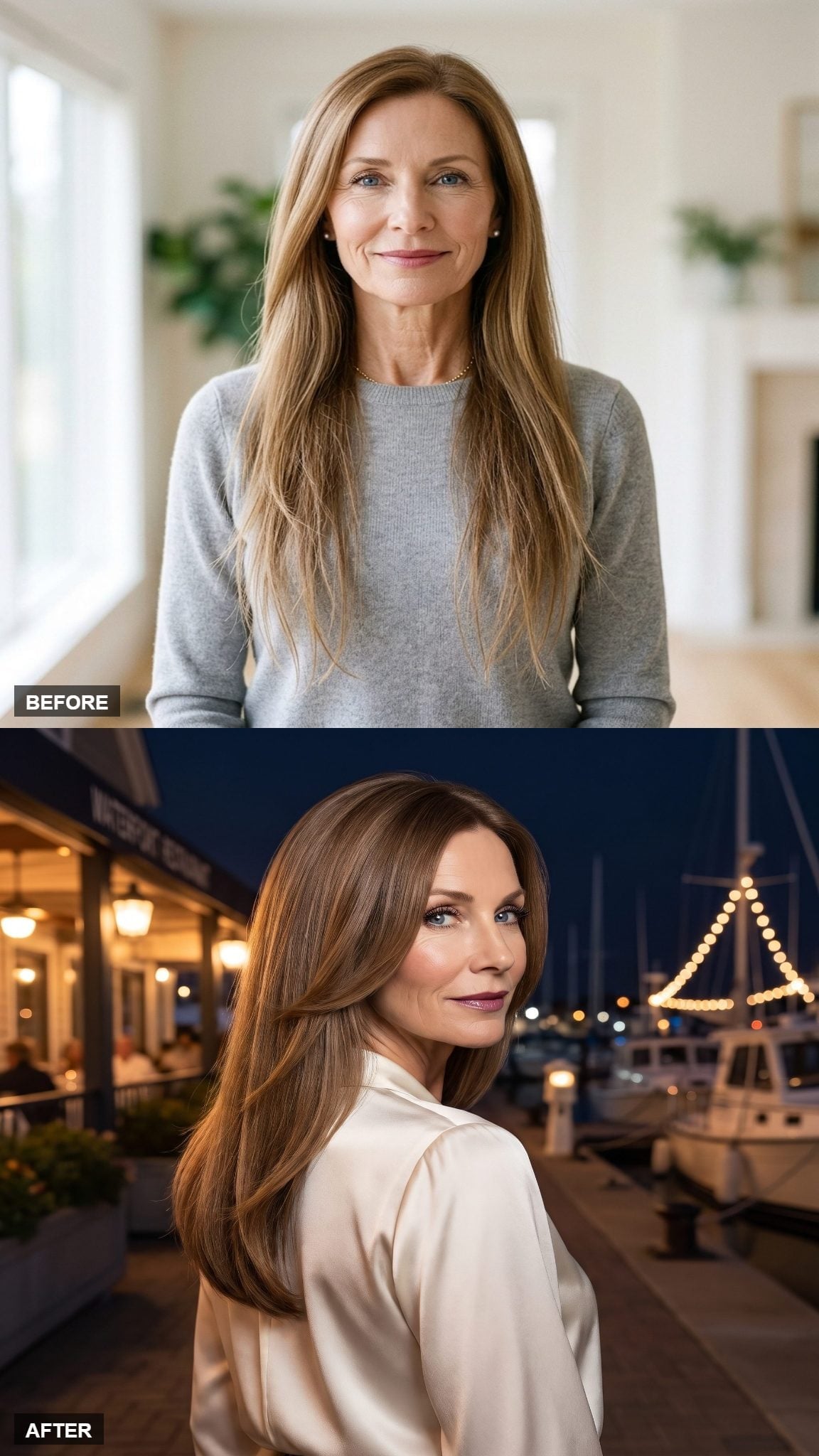 Before-and-after long chestnut brown hairstyle with caramel highlights and soft layers