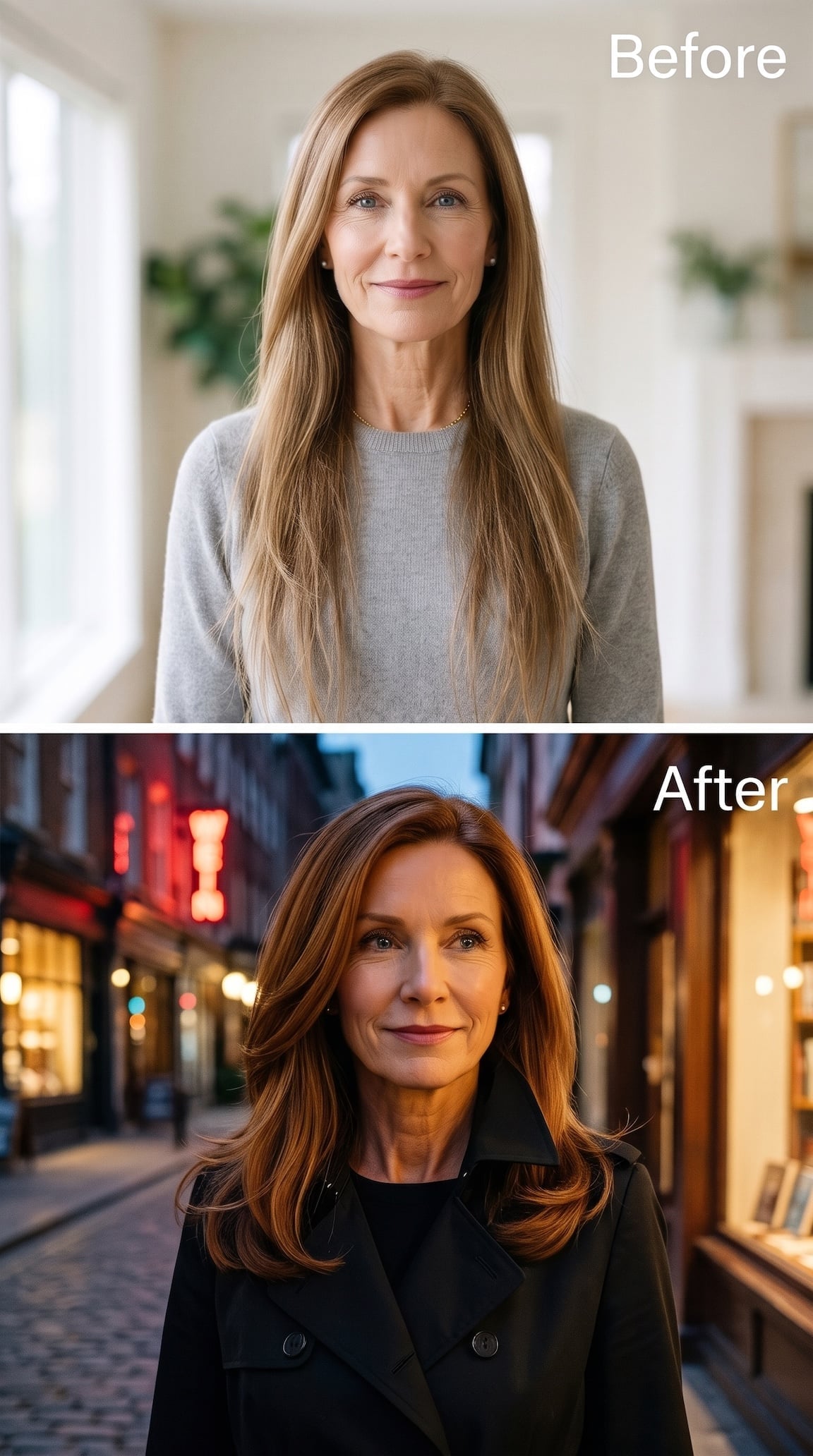 Before-and-after chestnut-auburn collarbone hairstyle with inward-turning layers