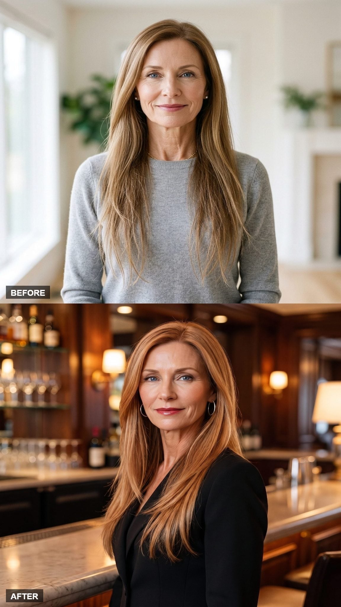 Before-and-after long red-copper hairstyle with warm highlights and a full outline