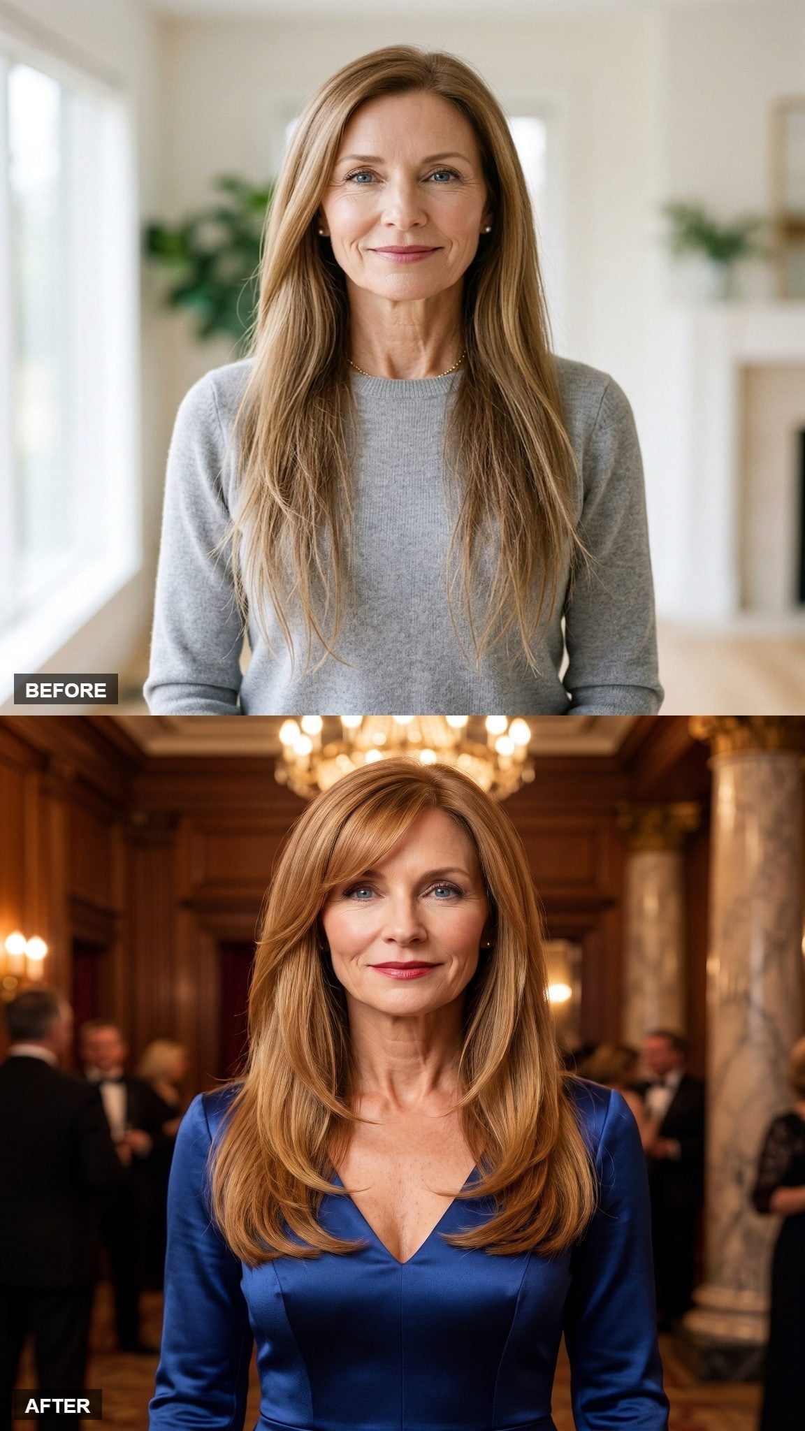 Before-and-after copper long hairstyle featuring curtain bangs and a rounded blowout