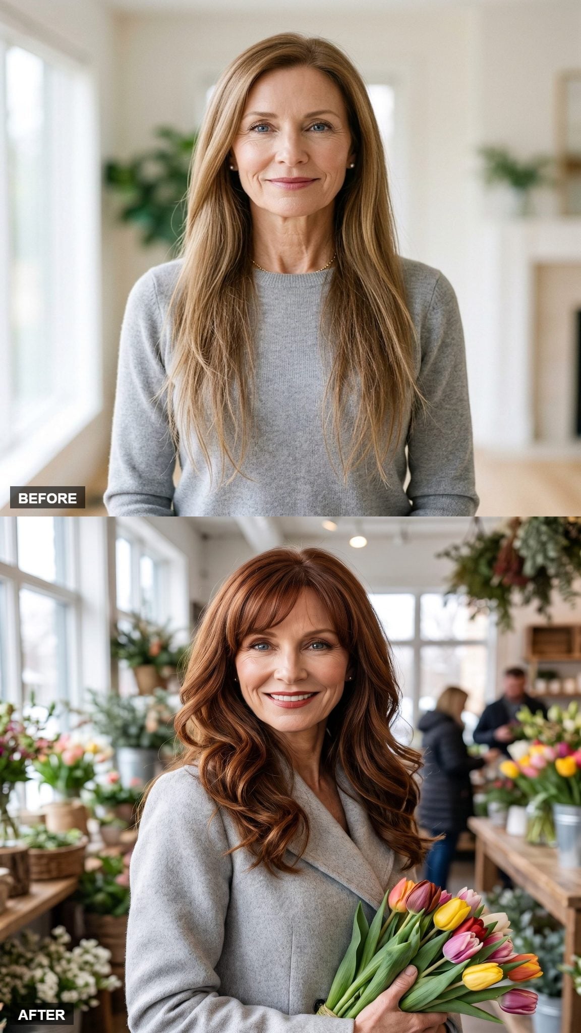 Before-and-after mahogany-copper hairstyle with bangs and outward-turning layers