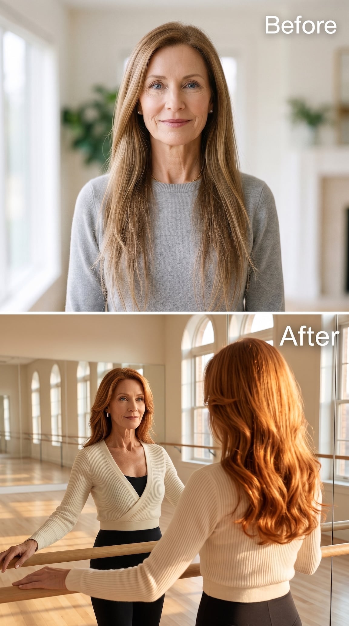Before-and-after long copper-auburn hairstyle with shaped waves and fuller ends