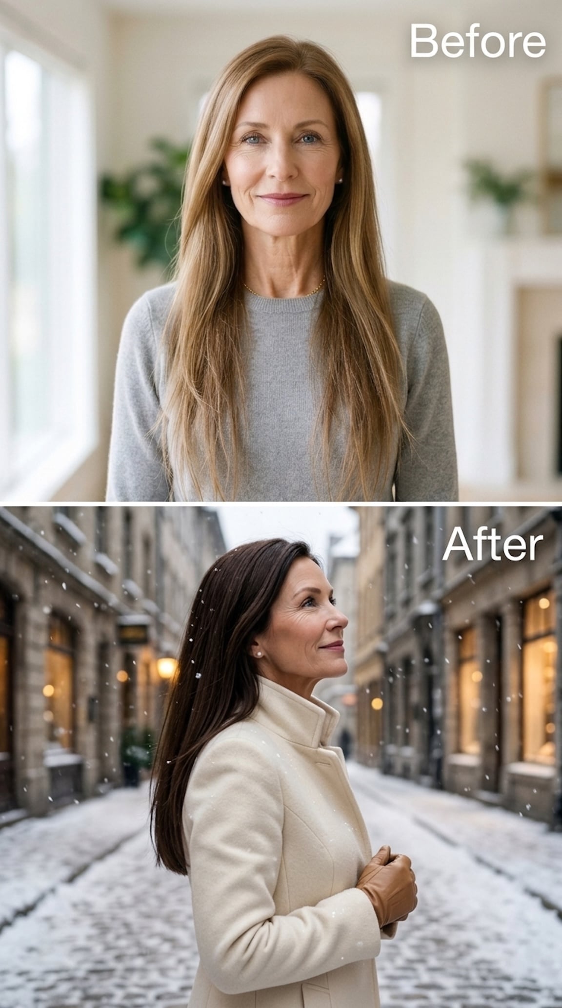 Before-and-after long dark brunette hairstyle with a smooth finish and substantial ends
