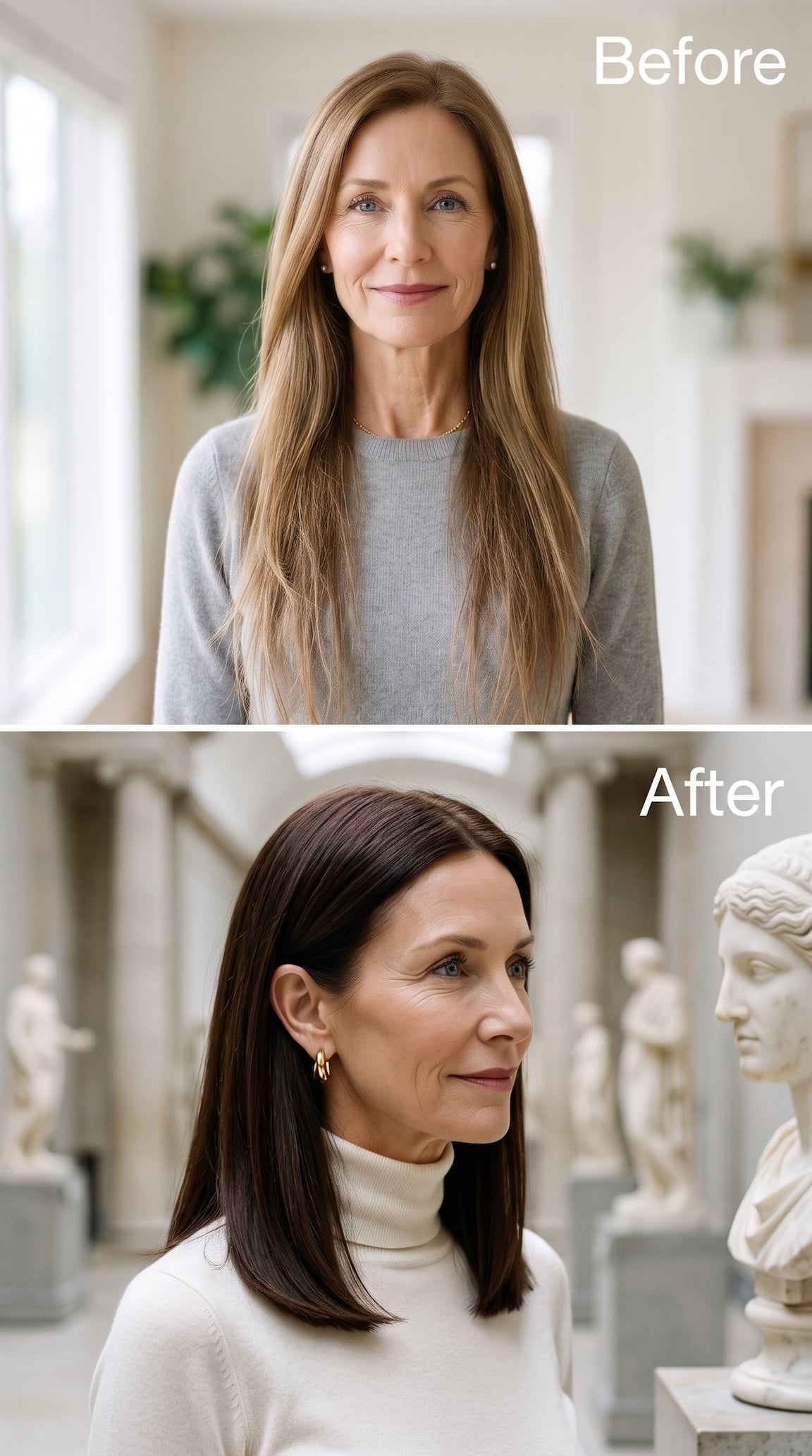 Before-and-after dark chocolate brown shoulder-length hairstyle with a blunt lower edge
