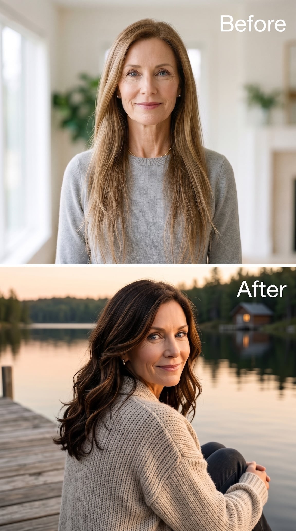 Before-and-after dark brunette hairstyle with soft waves and crown volume
