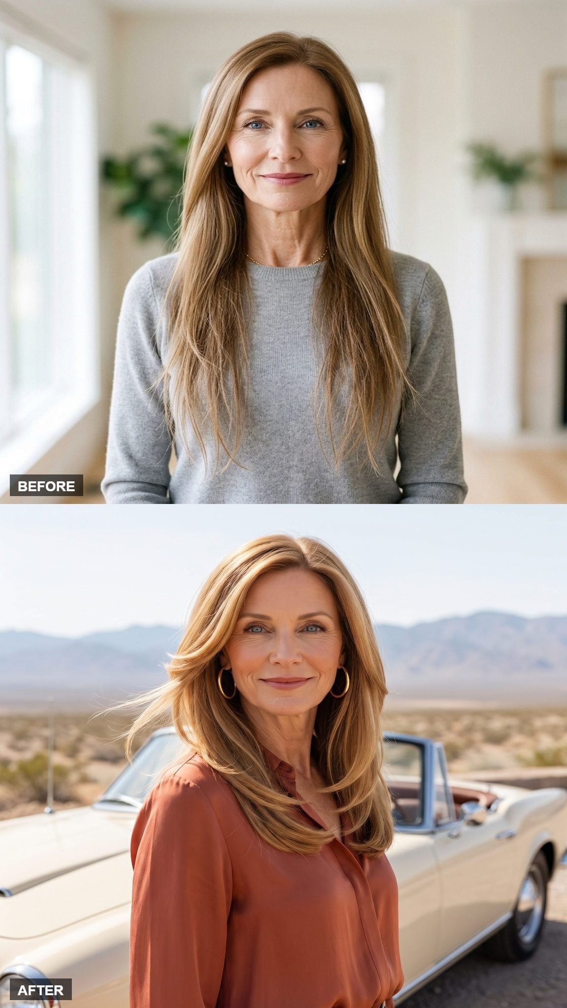 Before-and-after honey-blonde shoulder-length hairstyle with airy outward layers