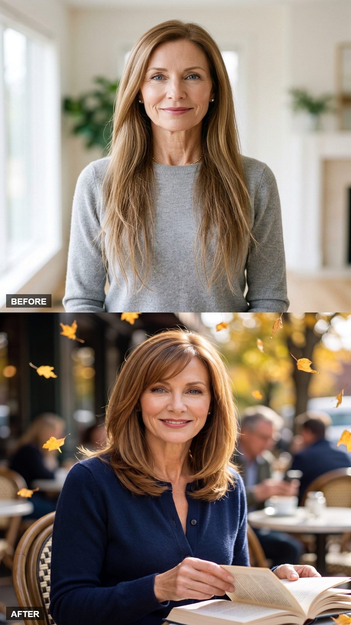 Before-and-after chestnut-brown collarbone hairstyle with caramel highlights and flipped ends