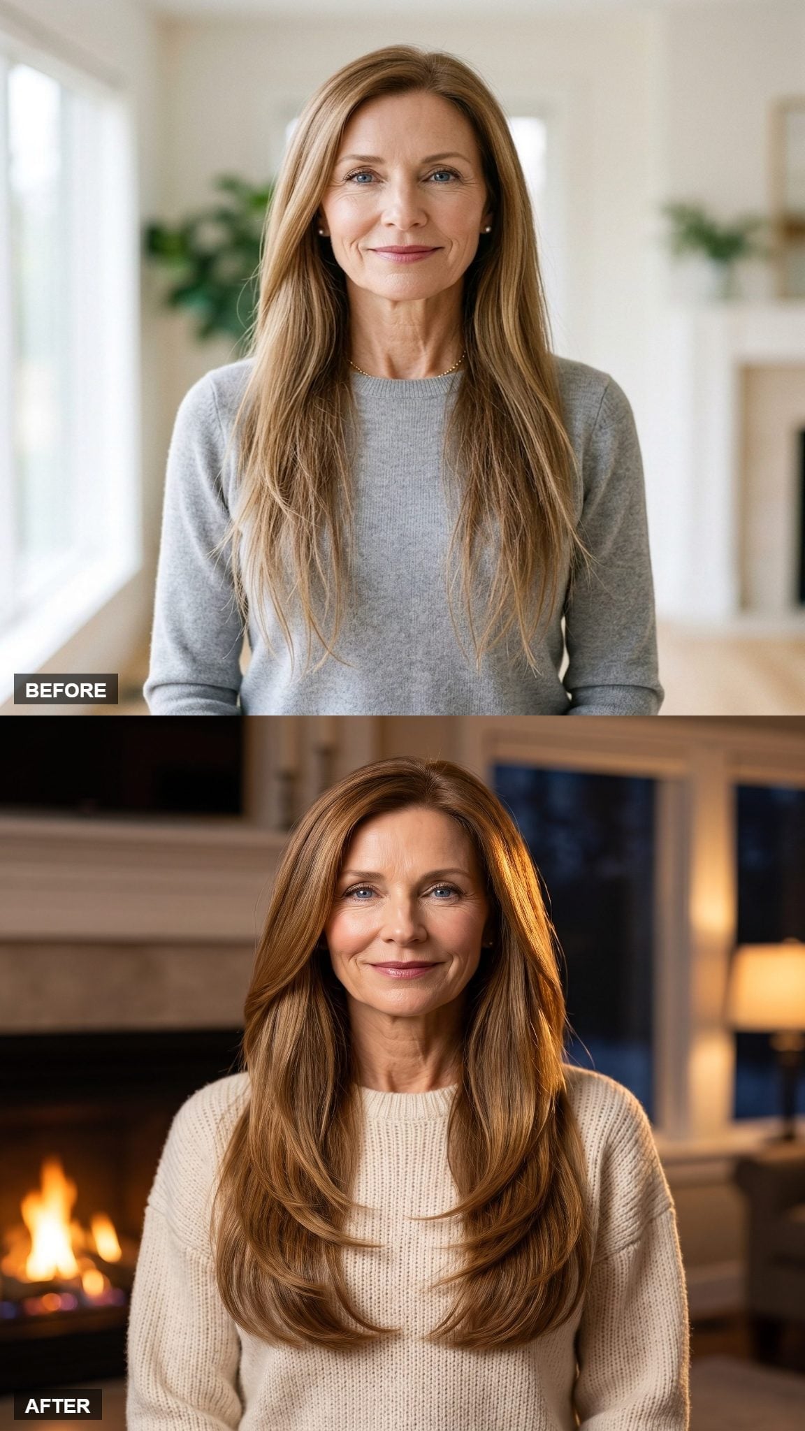 Before-and-after long auburn-brown hairstyle with caramel highlights and soft waves