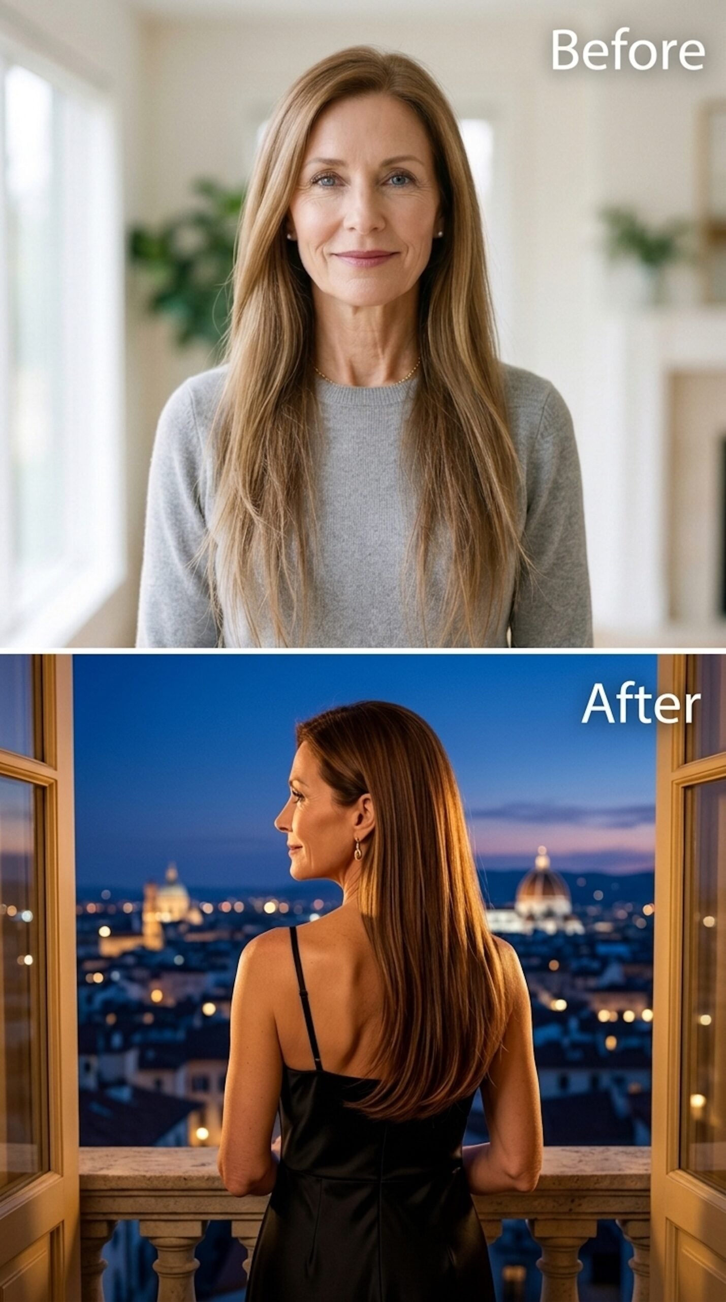 Before-and-after long auburn hairstyle with a smooth silhouette and neat ends