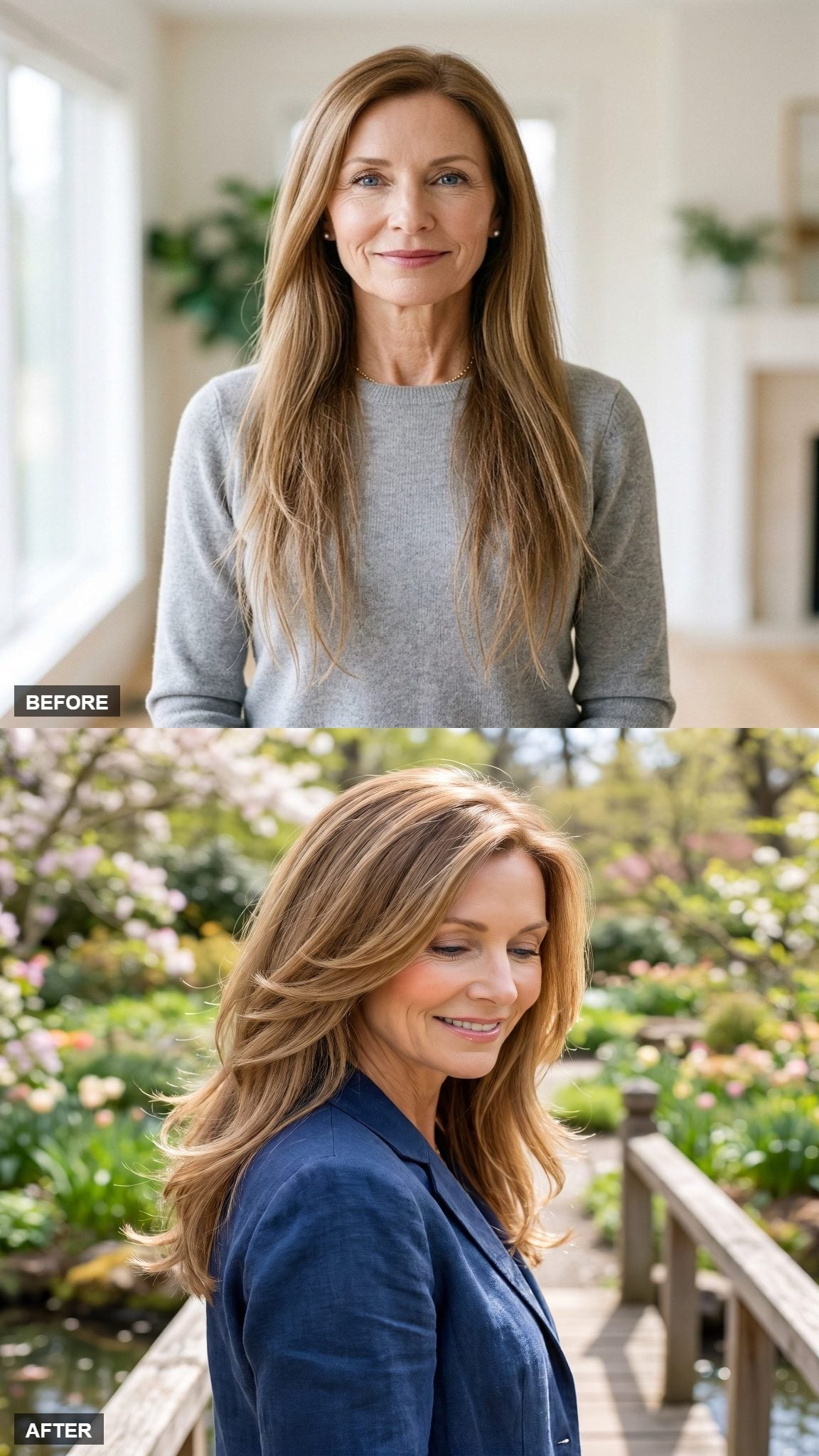 Before-and-after long blonde hair transformation from straighter lengths to fuller layered waves