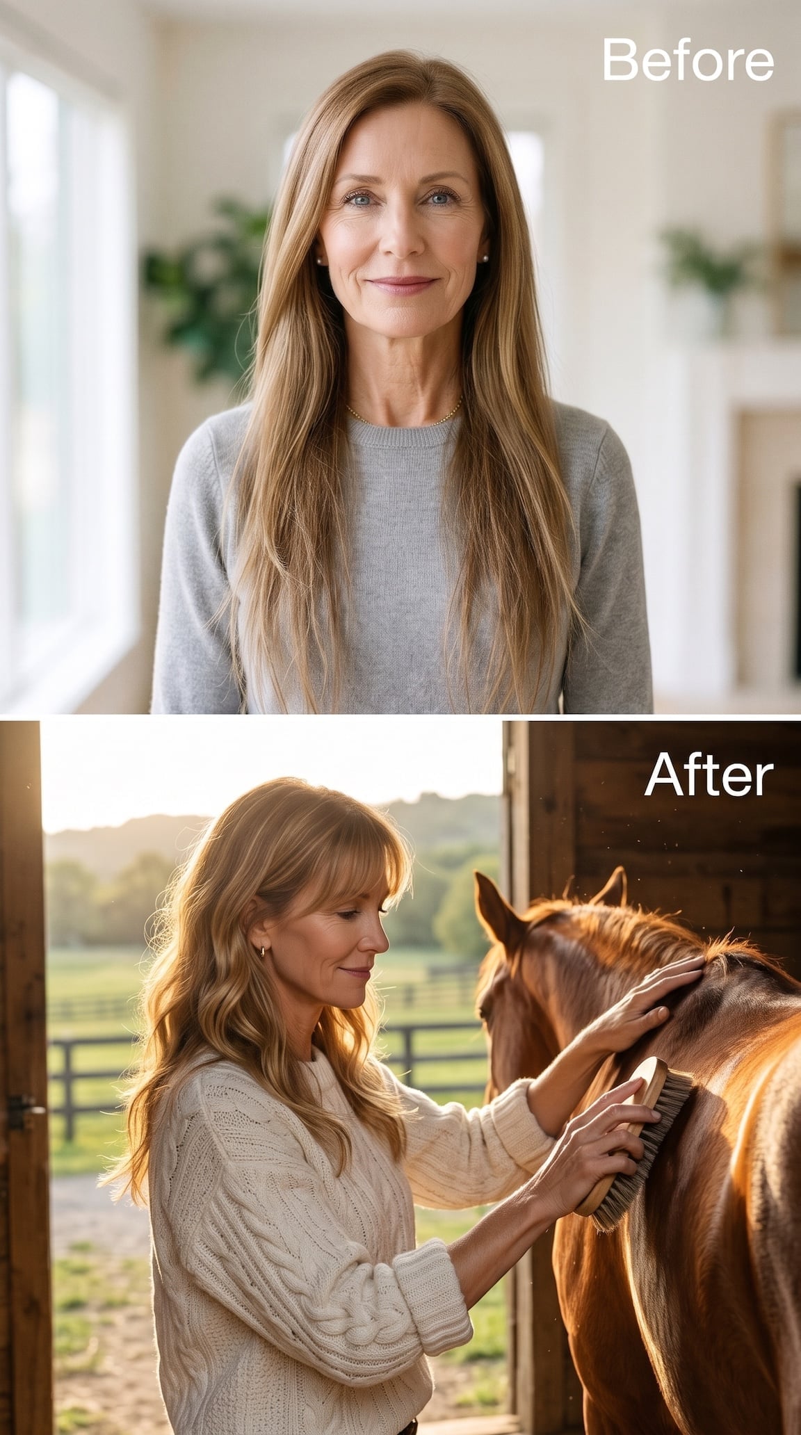 Before-and-after brunette hairstyle with side-swept bangs and loose waves