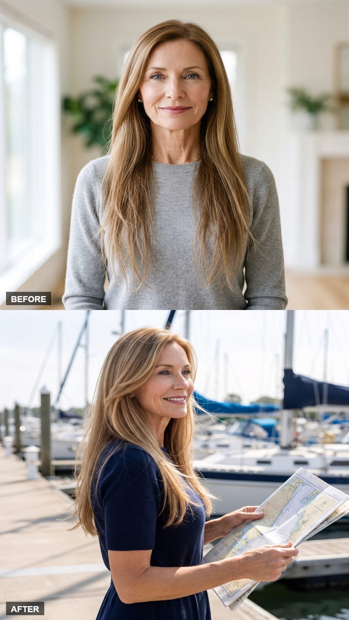Before-and-after blonde layered hairstyle with windswept face-framing sections